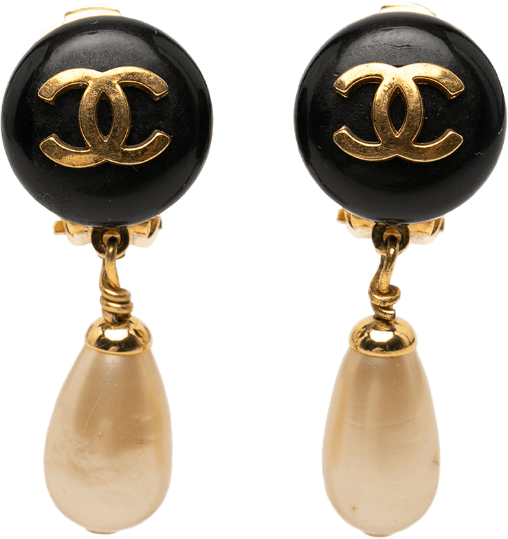 Chanel Cc Gold Plated Resin And Faux Pearl Drop Clip On Earrings, från Luxclusif, i färgen black.