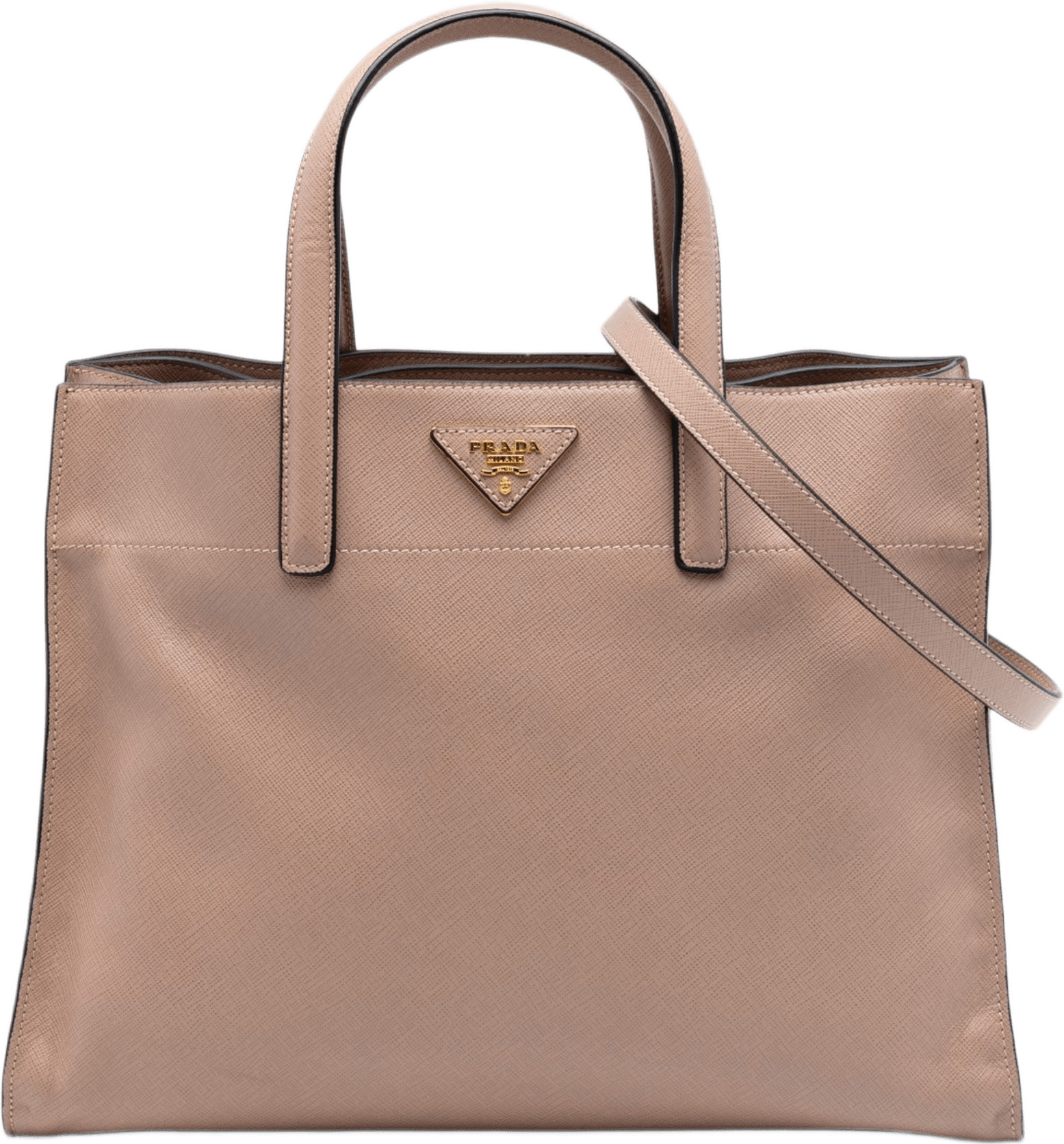 Prada Saffiano Soft Triple Pocket Tote, från Luxclusif, i färgen brun.