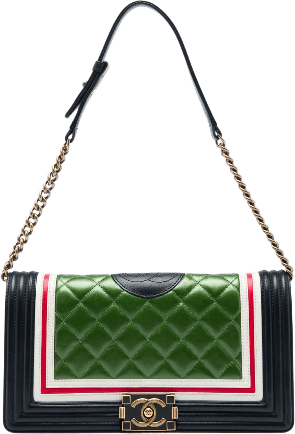 Chanel Multicolor Quilted Lambskin Crest East West Boy Flap, från Luxclusif, i färgen grön.