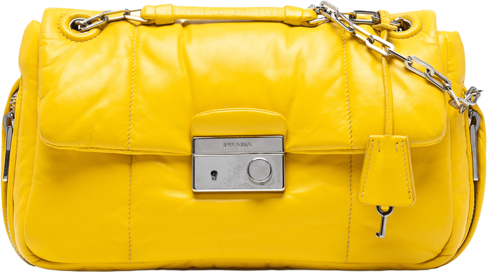 Prada Nappa Bomber Sound Lock Chain Flap, från Luxclusif, i färgen yellow.