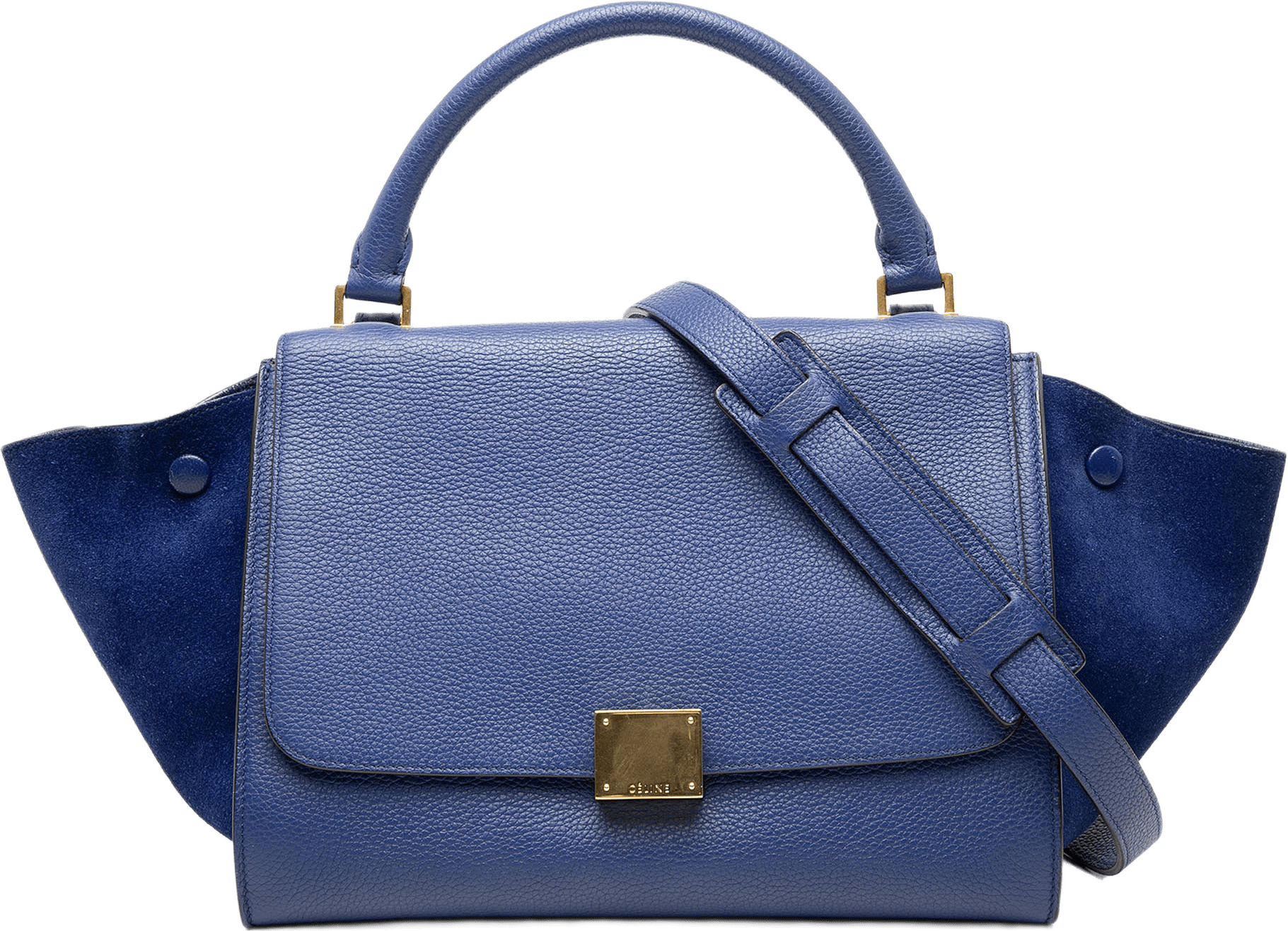 Celine Small Drummed Calfskin And Suede Trapeze Satchel, från Luxclusif, i färgen blue.