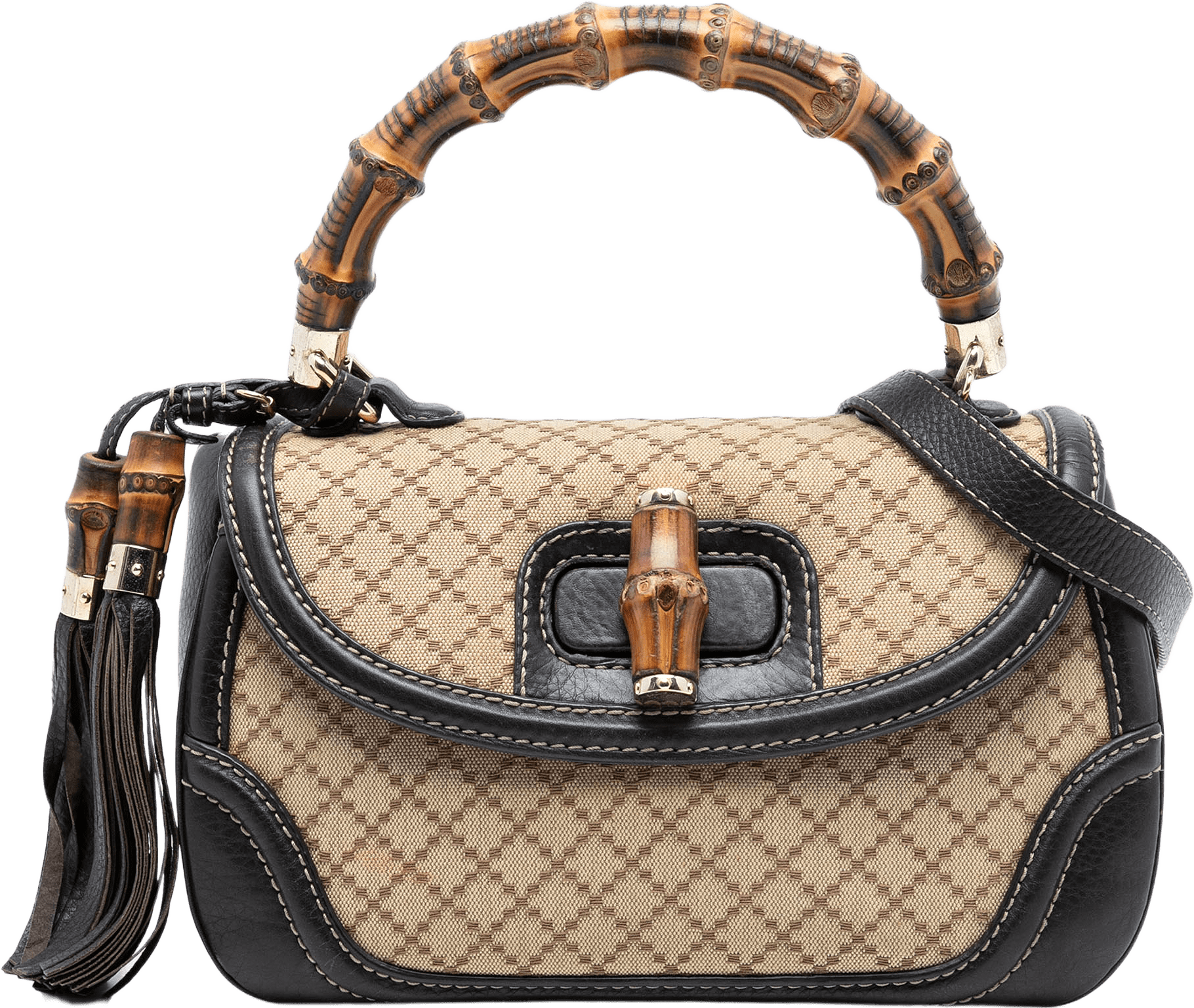 Gucci Medium Diamante Canvas New Bamboo Satchel, från Luxclusif, i färgen beige.