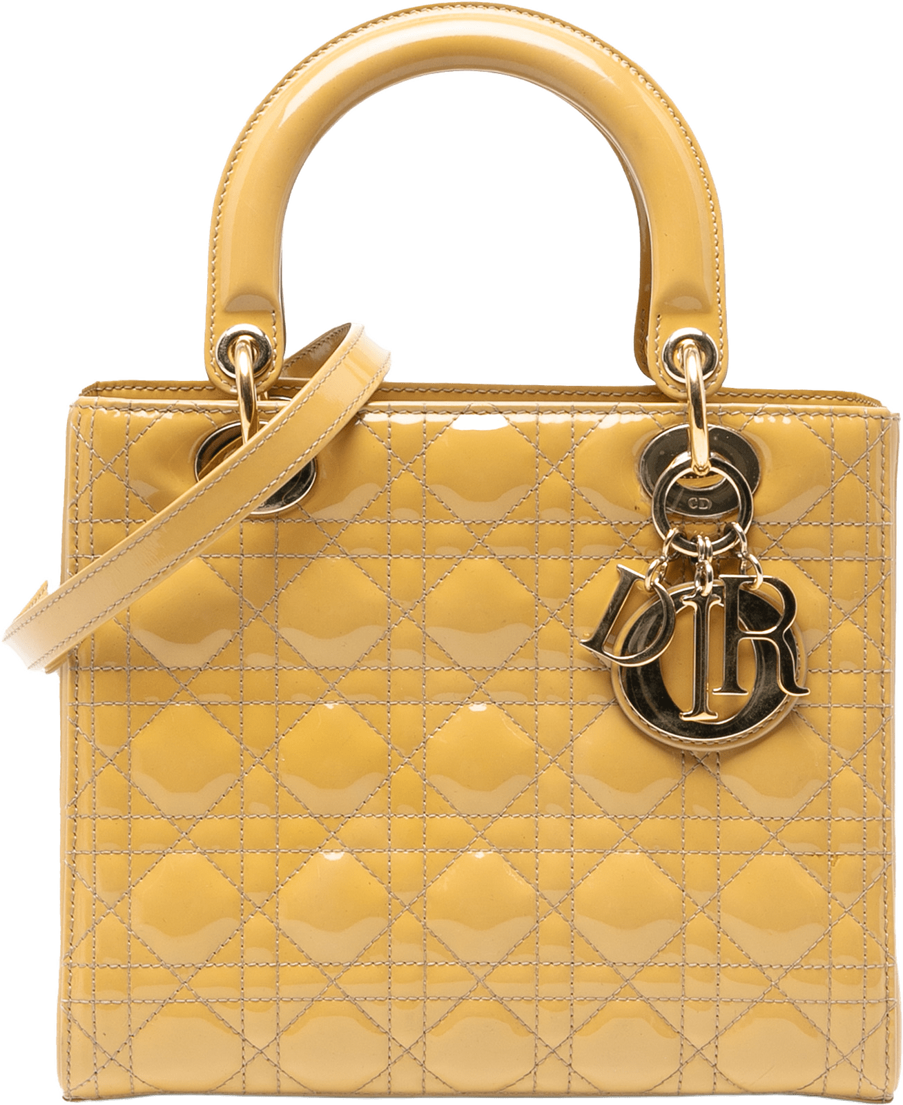Dior Medium Patent Cannage Lady Dior, från Luxclusif, i färgen mustard.