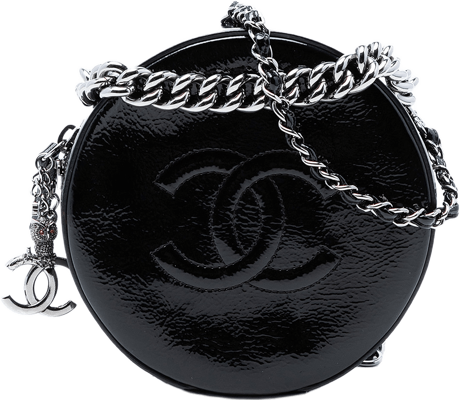 Chanel Patent Round As Earth Bag, från Luxclusif, i färgen black.