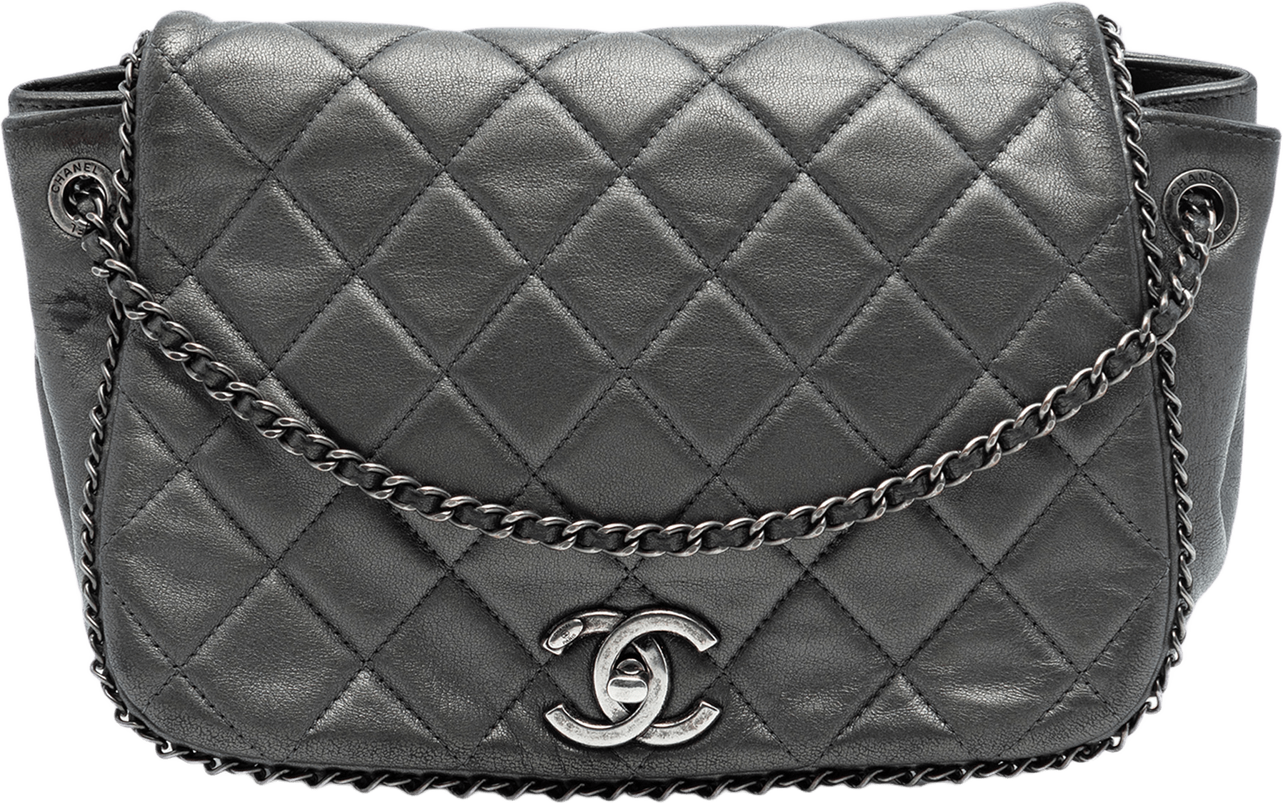 Chanel Small Quilted Calfskin Cc Enchained Accordion Flap, från Luxclusif, i färgen dark gray.