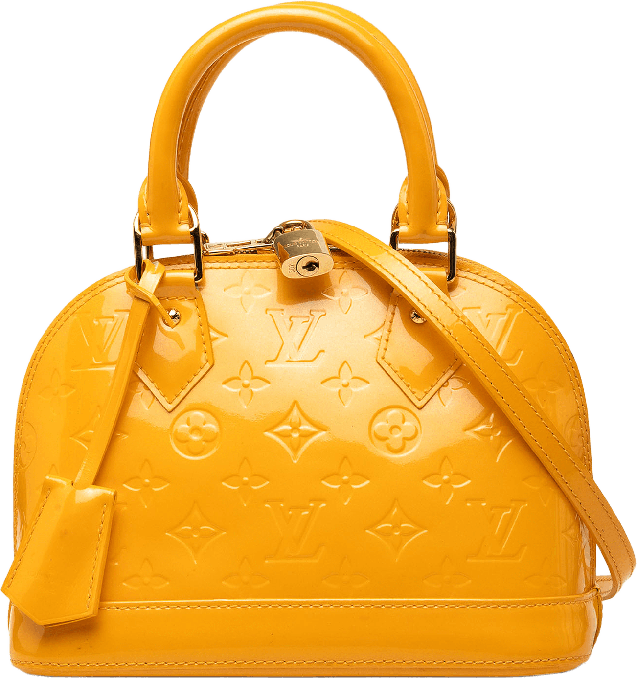 Louis Vuitton Monogram Vernis Alma Bb, från Luxclusif, i färgen gul.