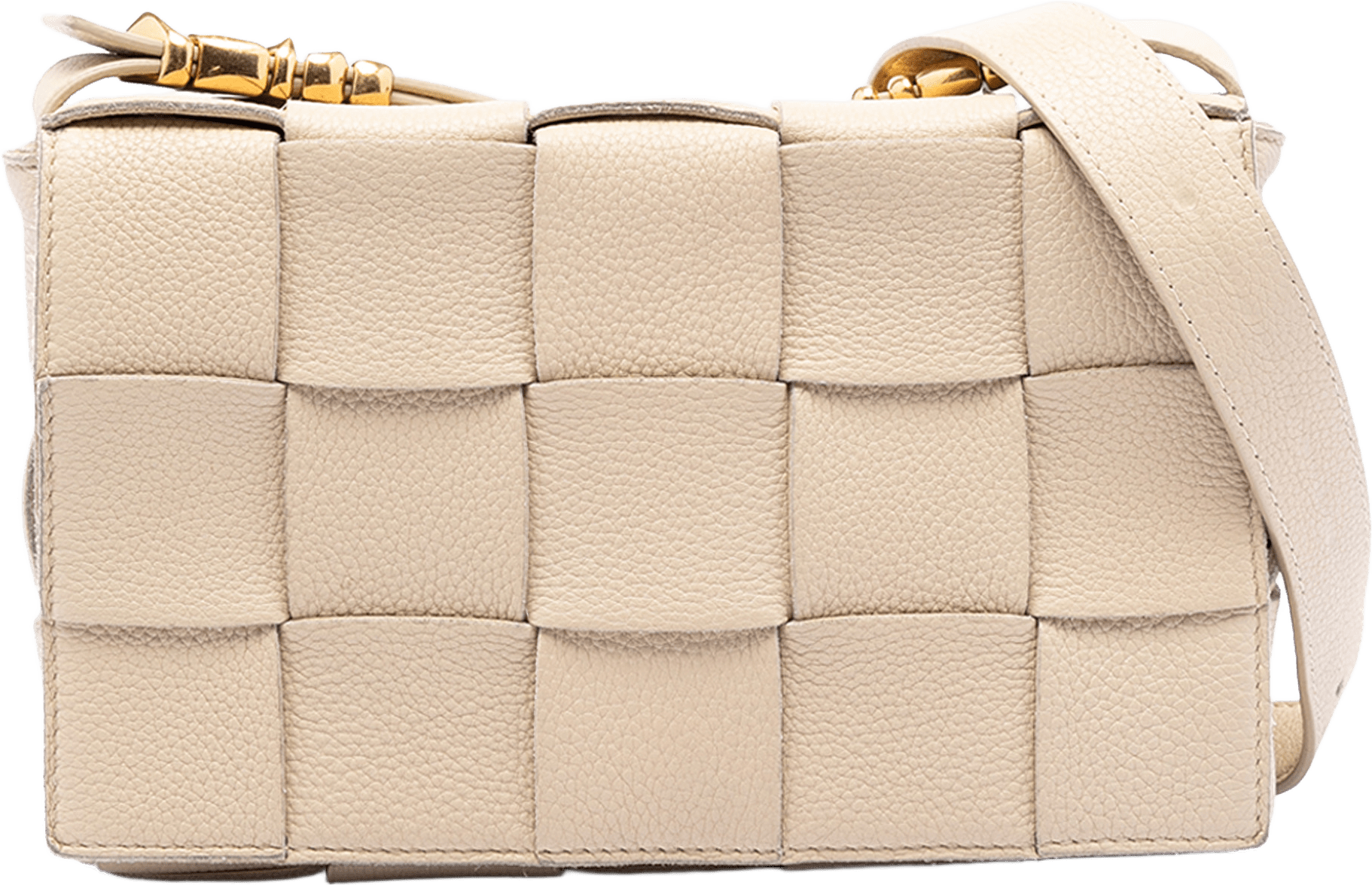Bottega Veneta Grained Calfskin Intrecciato Cassette Crossbody, från Luxclusif, i färgen light beige.