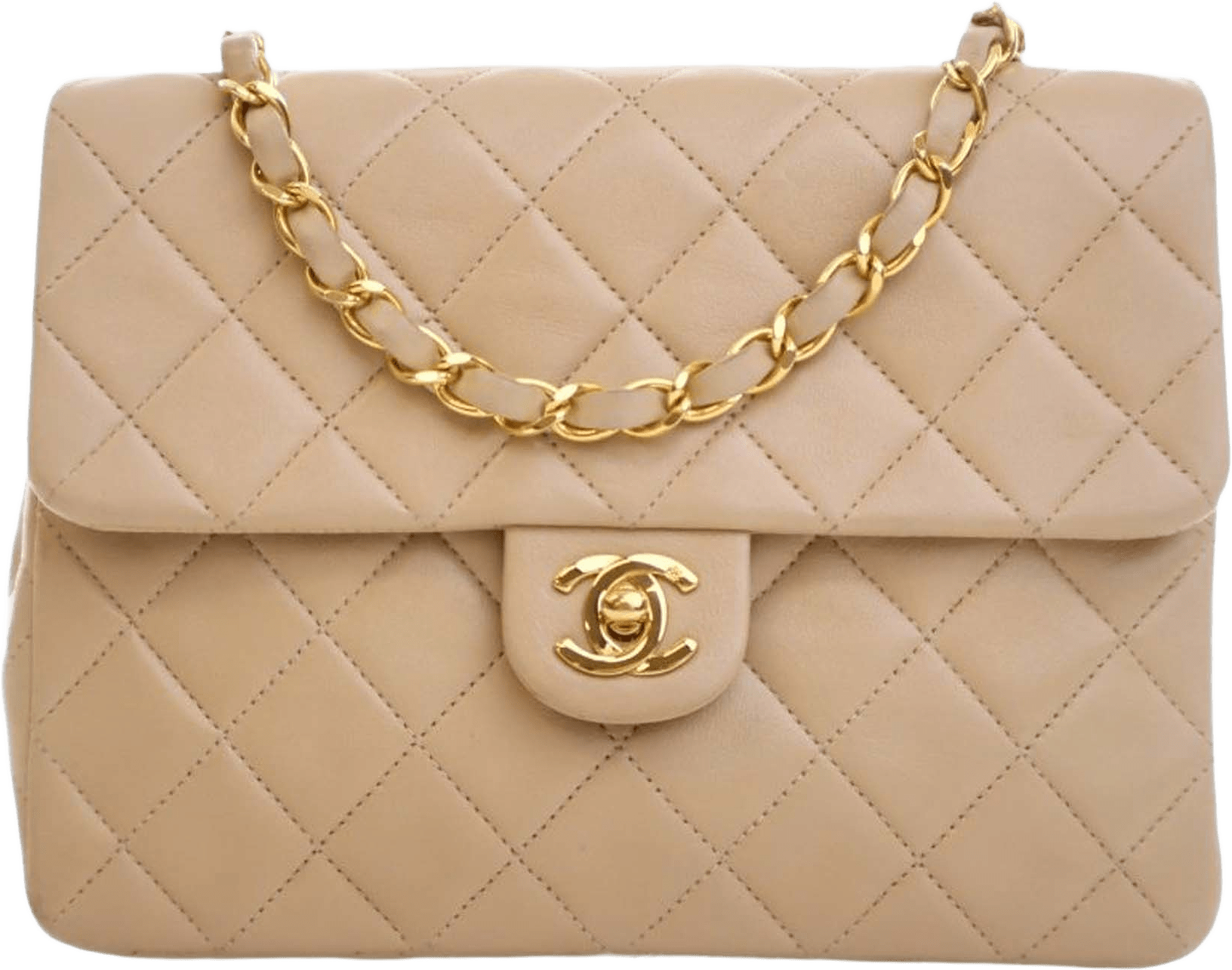 Chanel Small Square Quilted Lambskin Flap, från Luxclusif, i färgen beige.