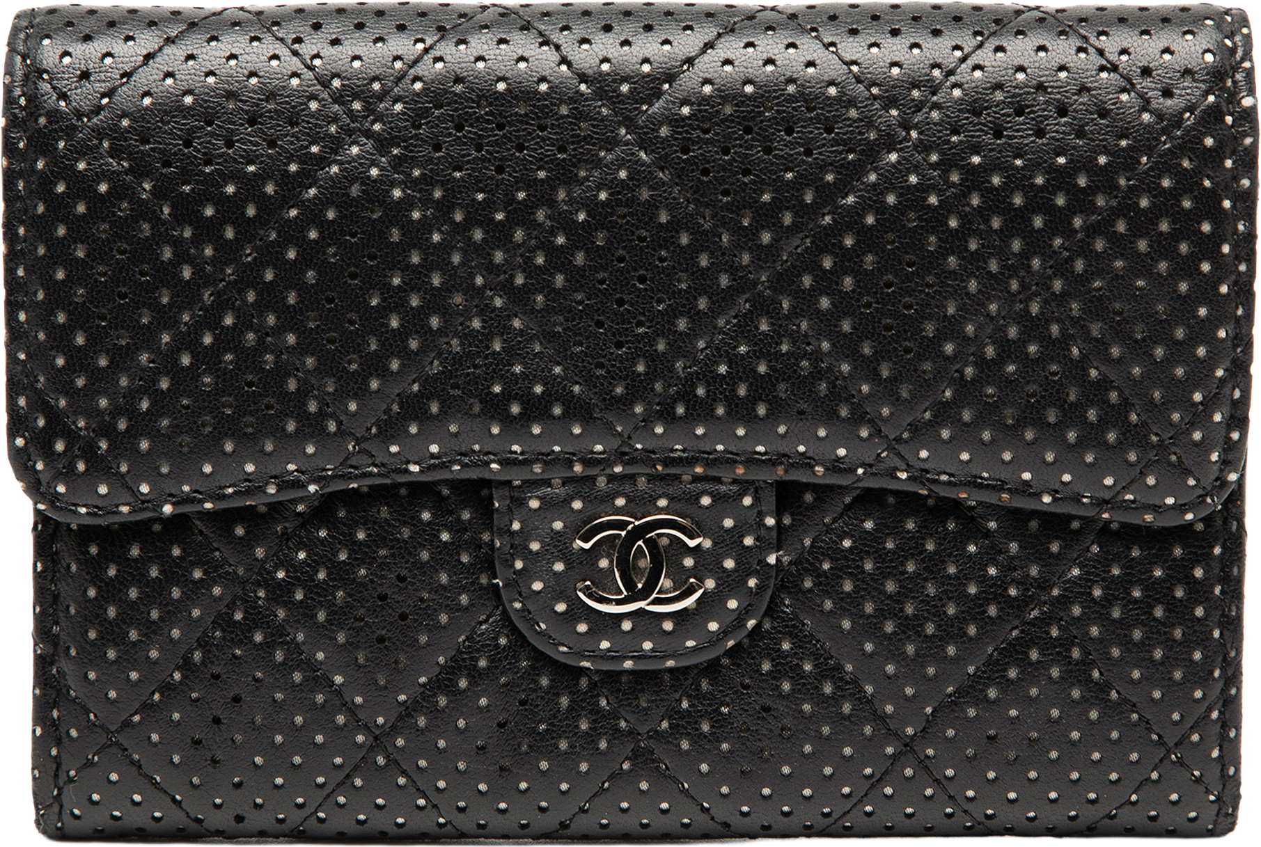 Chanel Perforated Quilted Lambskin Small Flap Wallet, från Luxclusif, i färgen black.