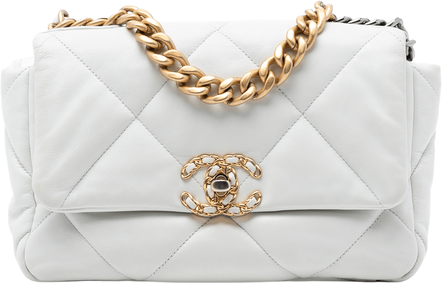 Chanel Medium Lambskin 19 Flap, från Luxclusif, i färgen white.