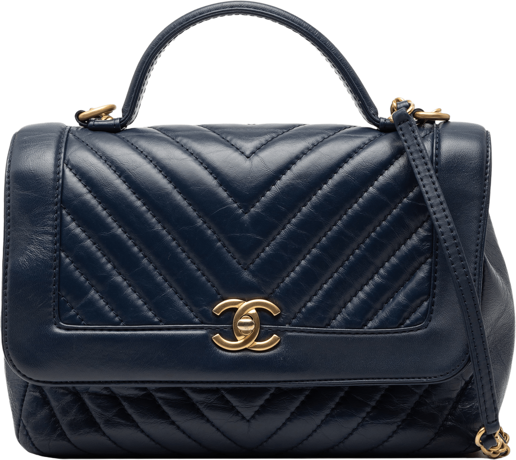 Chanel Cc Chevron Aged Calfskin Top Handle Flap, från Luxclusif, i färgen navy.