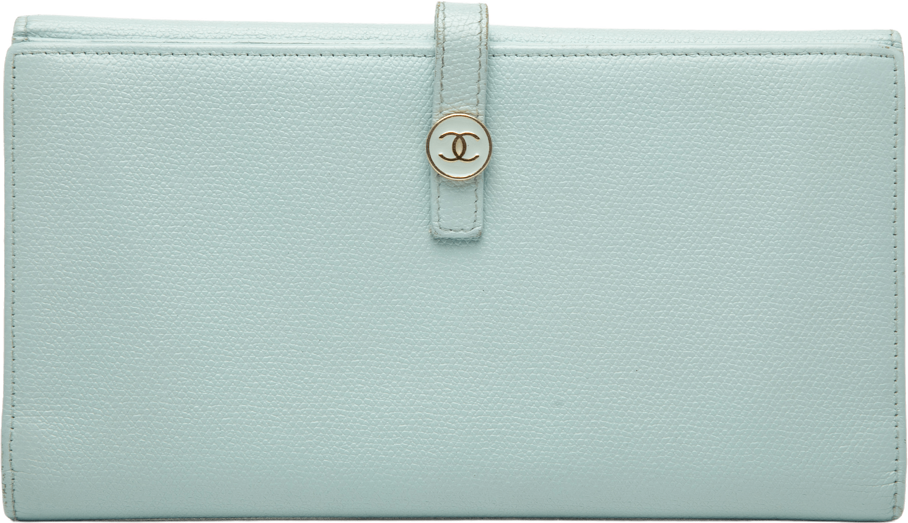 Chanel Leather Coco Button Long Wallet, från Luxclusif, i färgen light blue.