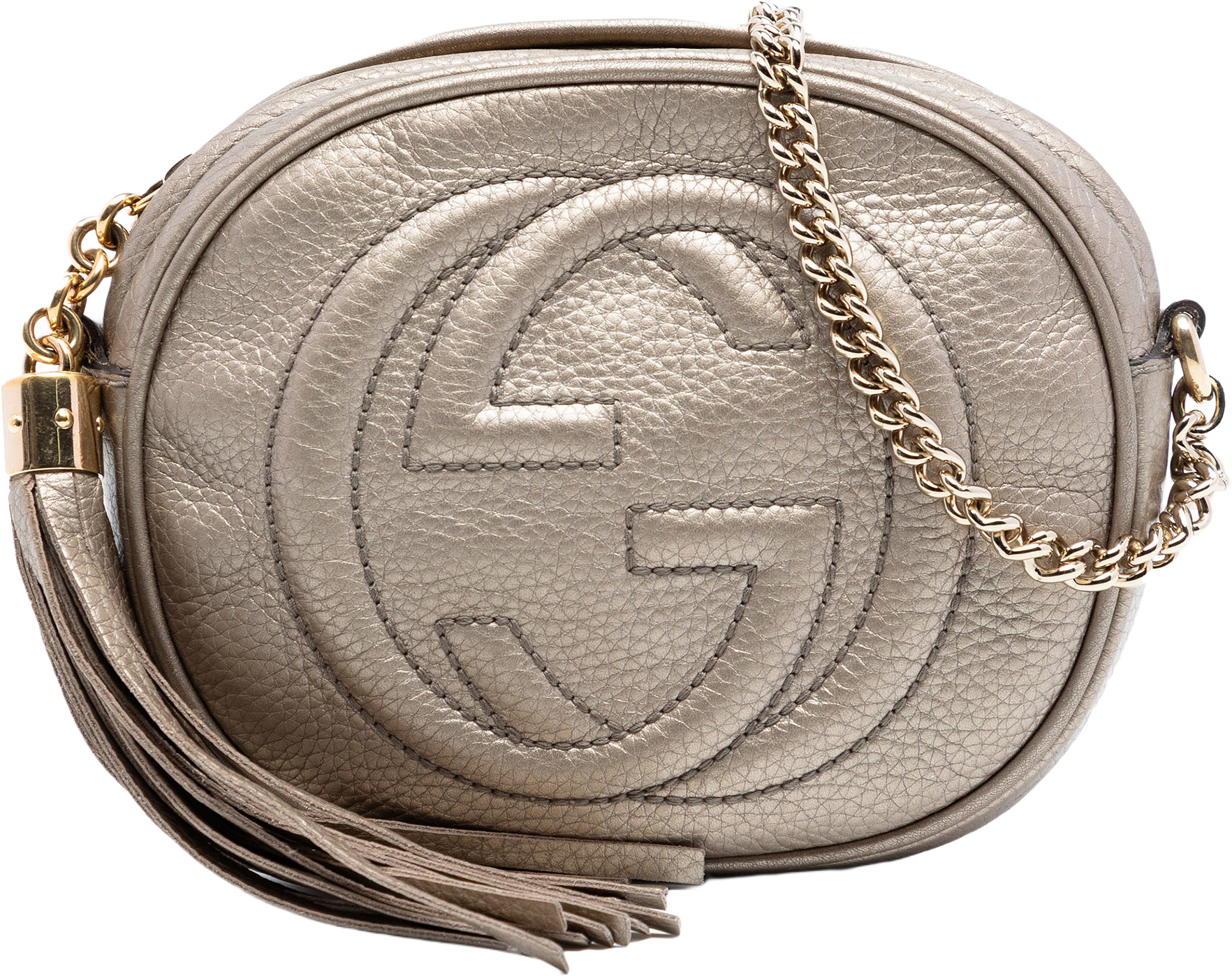 Gucci Mini Metallic Pebbled Calfskin Soho Chain Crossbody, från Luxclusif, i färgen gold.
