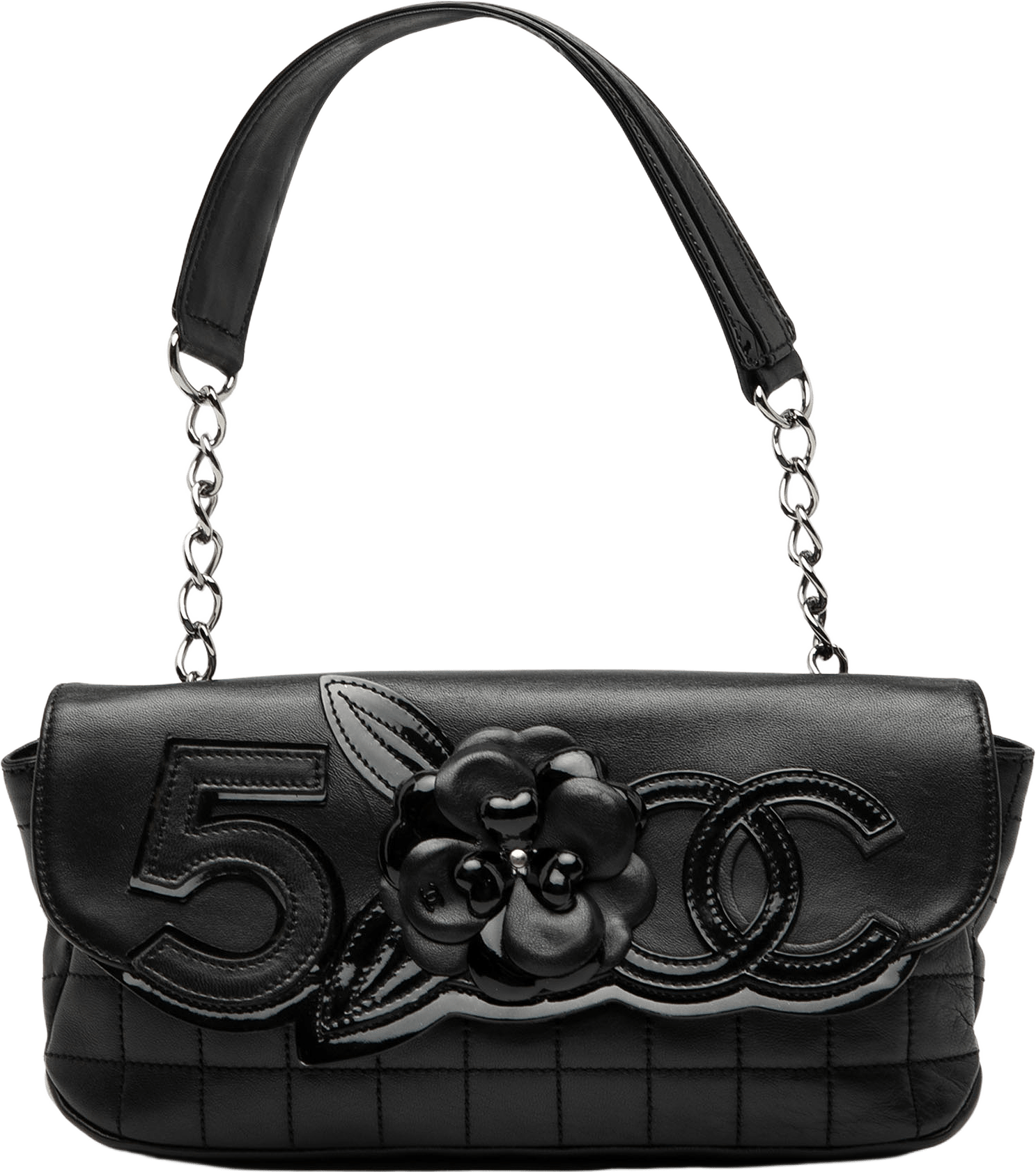 Chanel Camellia Cc Choco Bar No 5 Lambskin Shoulder Bag, från Luxclusif, i färgen black.