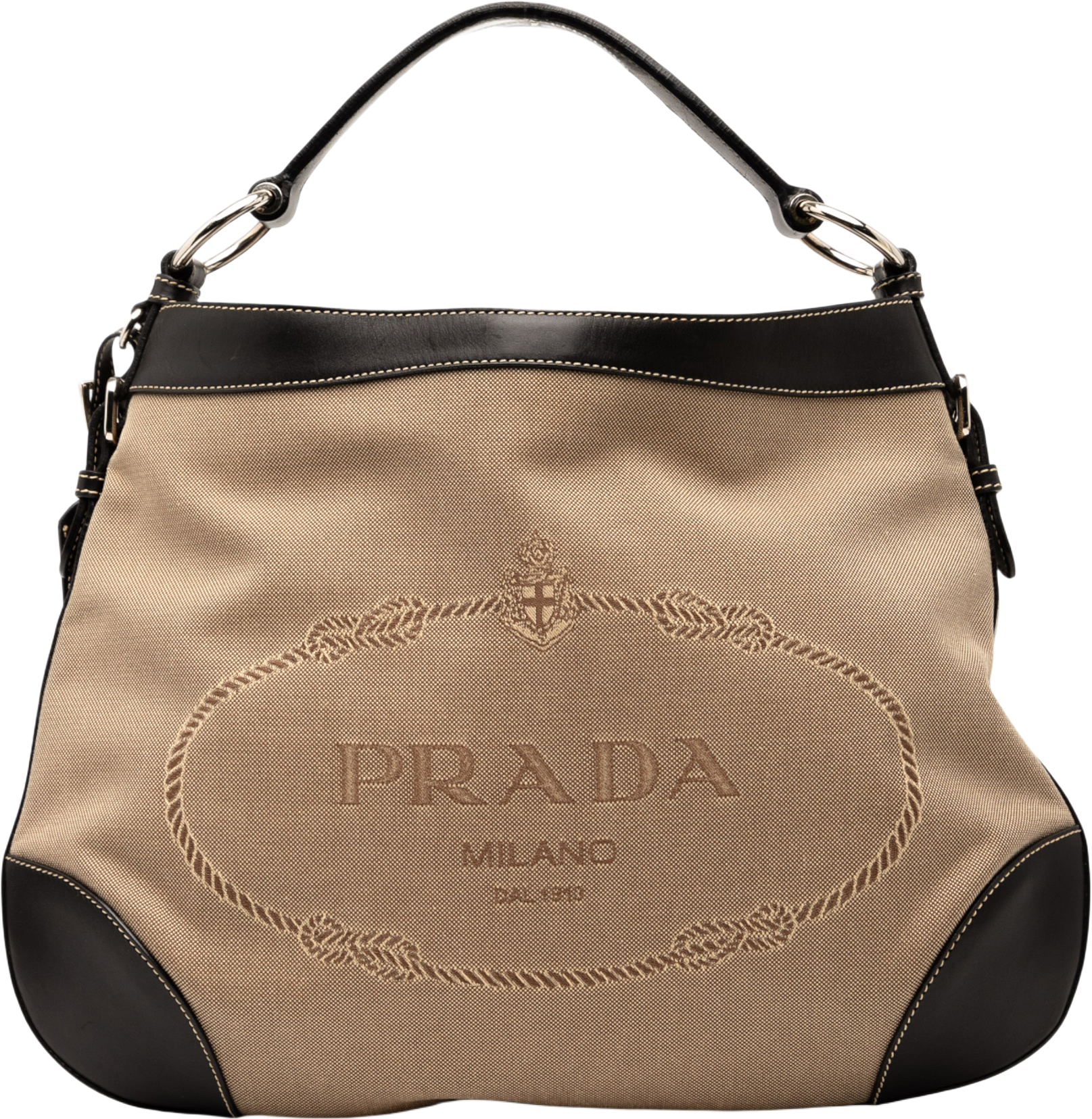 Prada Canvas Canapa Logo Hobo, från Luxclusif, i färgen beige.