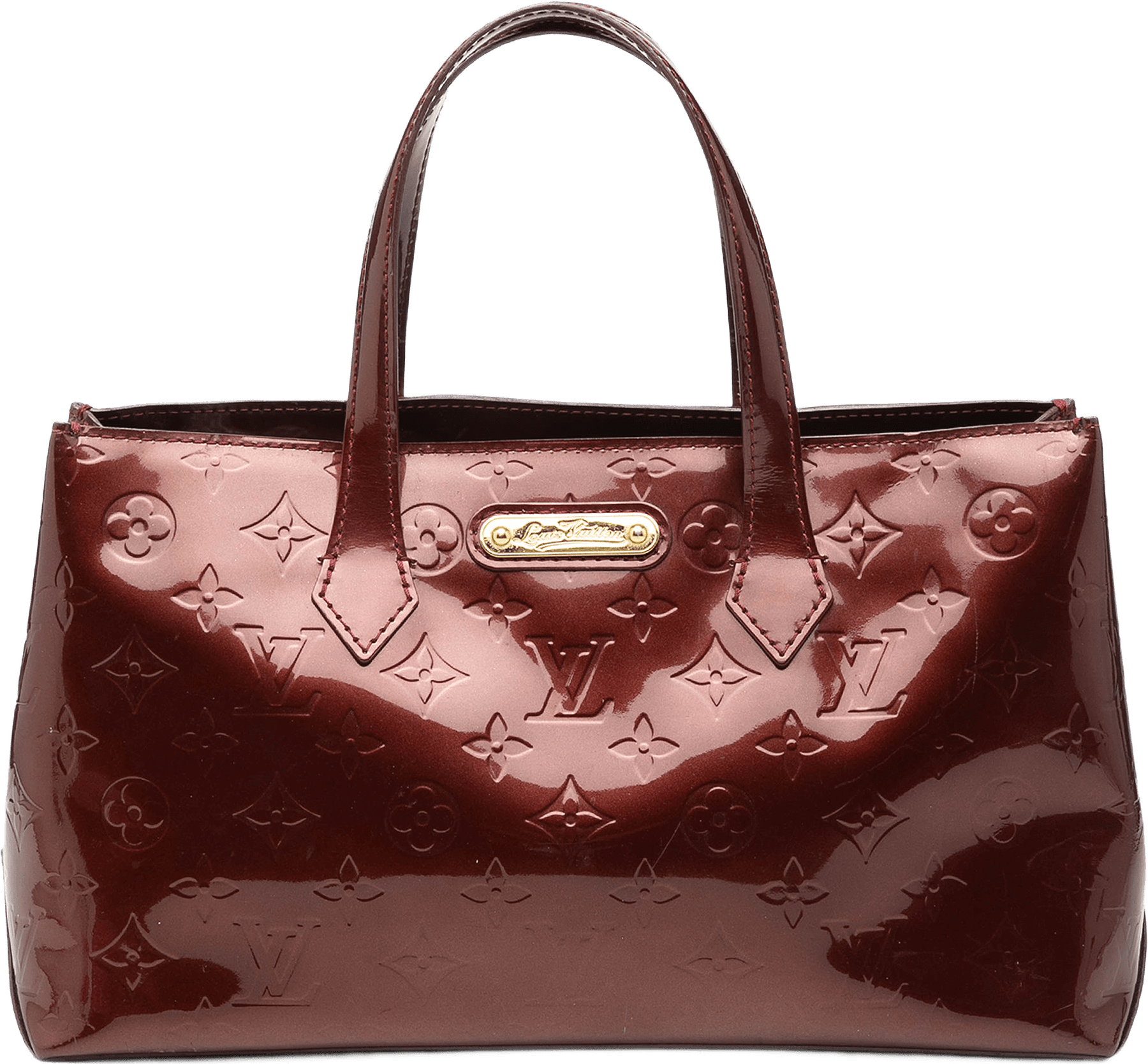 Louis Vuitton Monogram Vernis Wilshire Pm, från Luxclusif, i färgen burgundy.