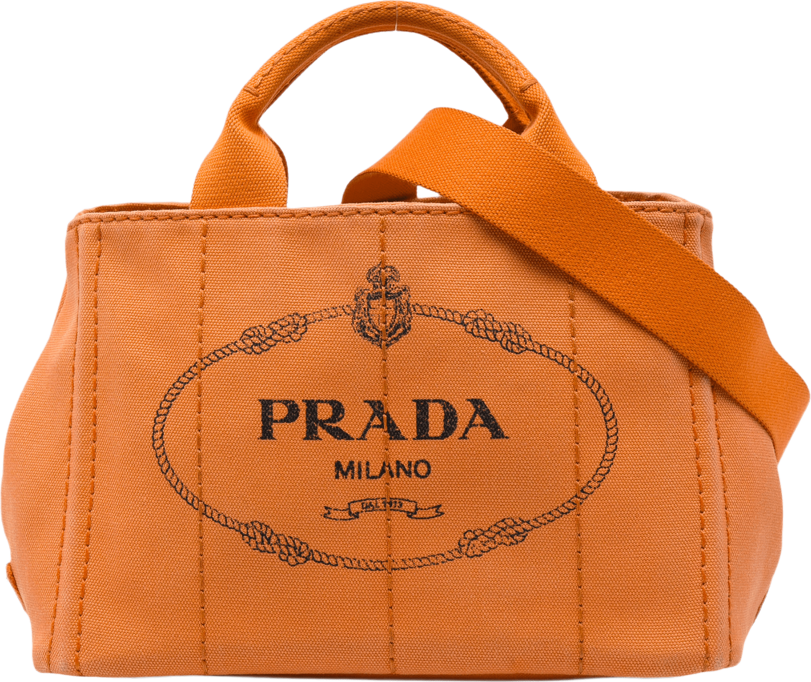 Prada Small Canvas Canapa Logo Tote, från Luxclusif, i färgen orange.