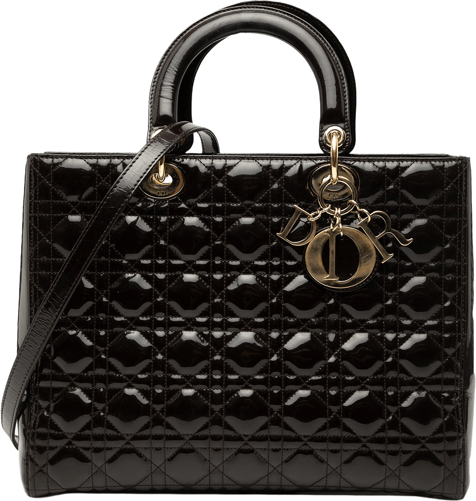 Dior Large Patent Cannage Lady Dior, från Luxclusif, i färgen dark brown.