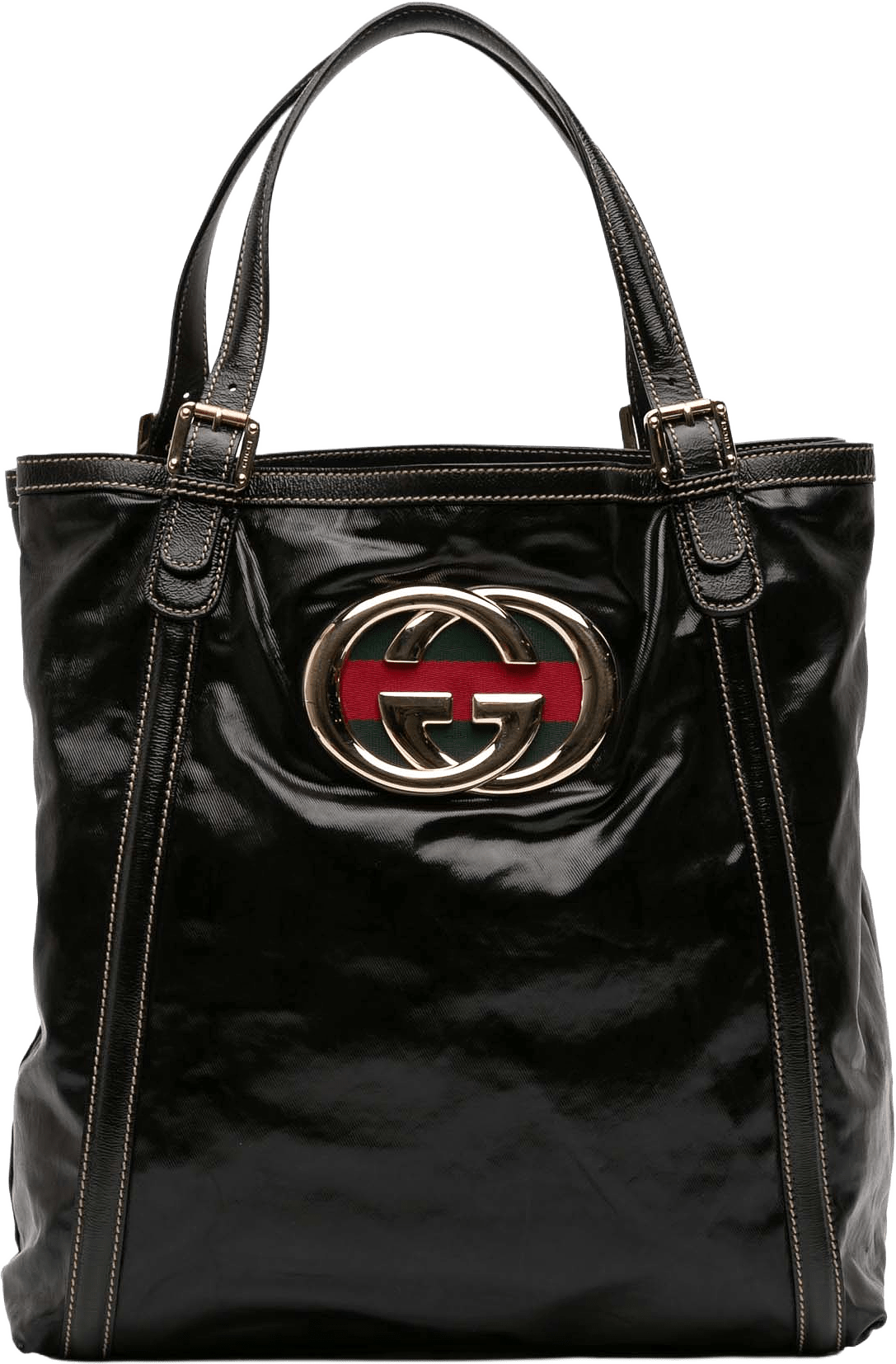 Gucci Patent Dialux Britt Web Tote, från Luxclusif, i färgen black.