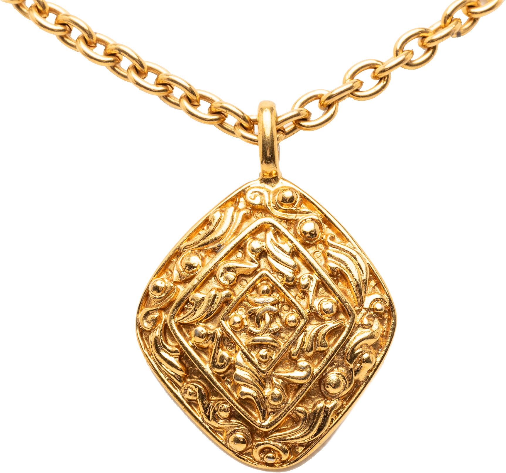 Chanel Cc Gold Plated Diamond Shape Pendant Necklace, från Luxclusif, i färgen gold.
