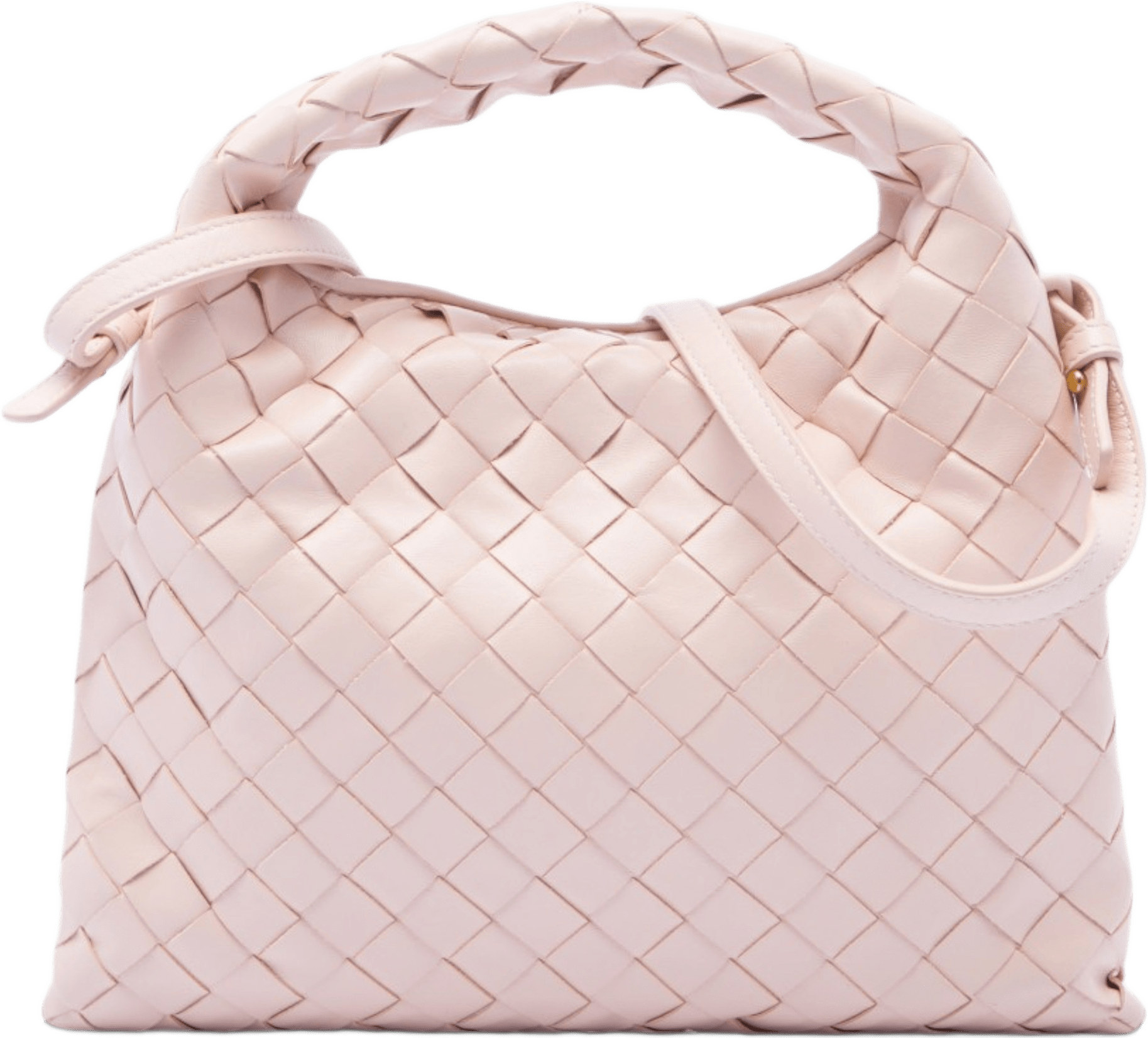 Bottega Veneta Mini Calfskin Intrecciato Hop Satchel, från Luxclusif, i färgen rosa.