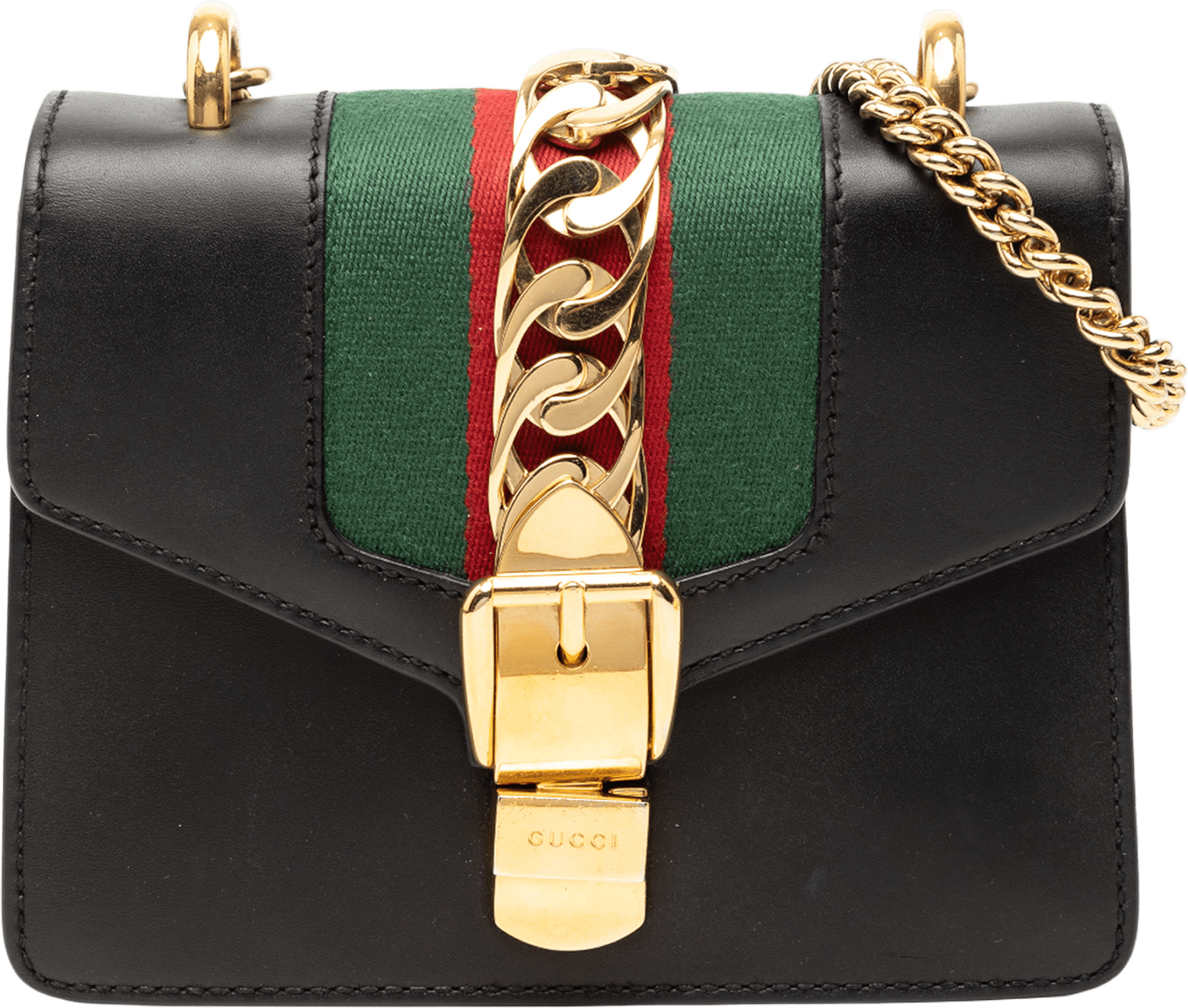 Gucci Mini Leather Web Sylvie Chain Crossbody, från Luxclusif, i färgen black.