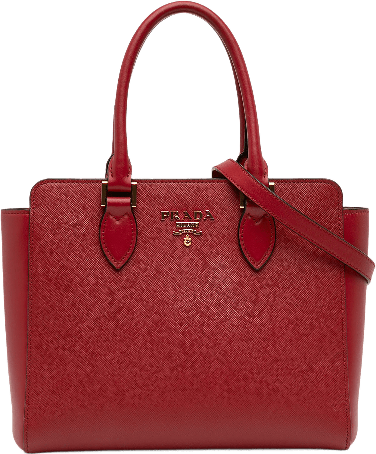 Prada Soft Calf Trimmed Saffiano Lux Zip Convertible Tote, från Luxclusif, i färgen red.