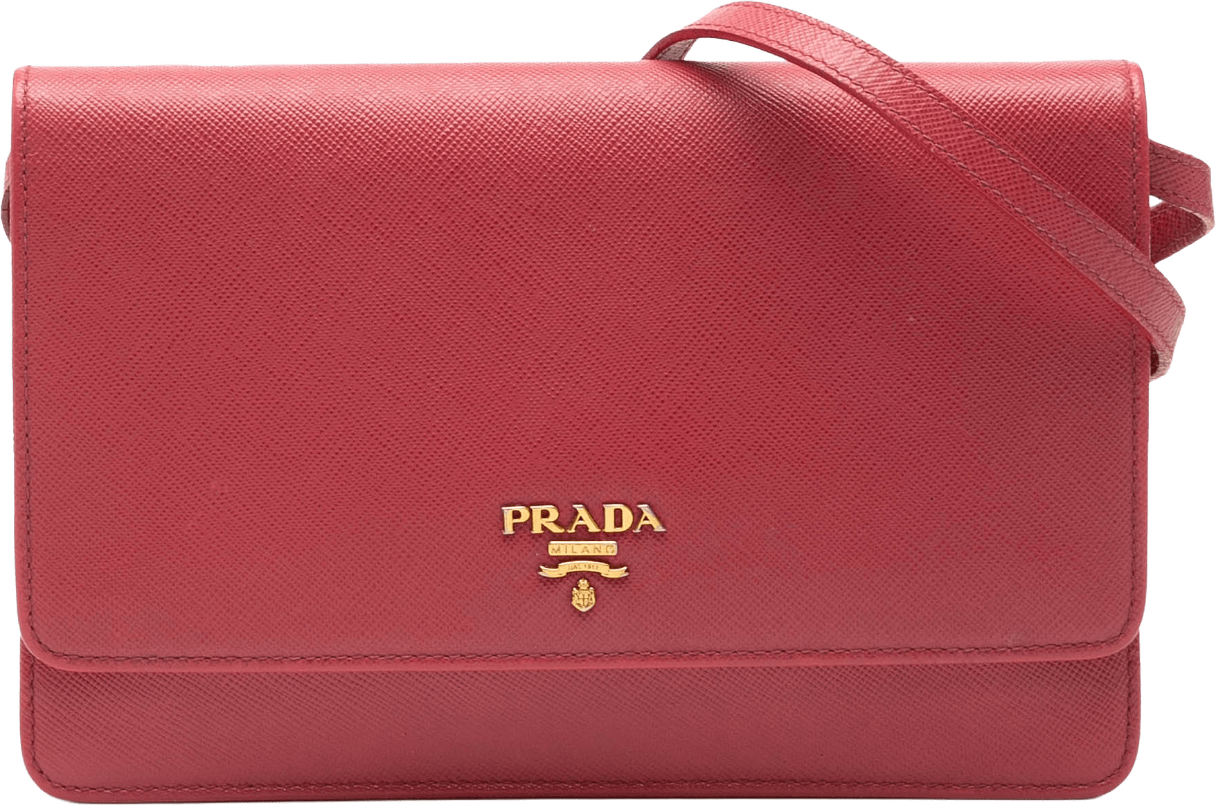 Prada Saffiano Wallet On Strap, från Luxclusif, i färgen red.