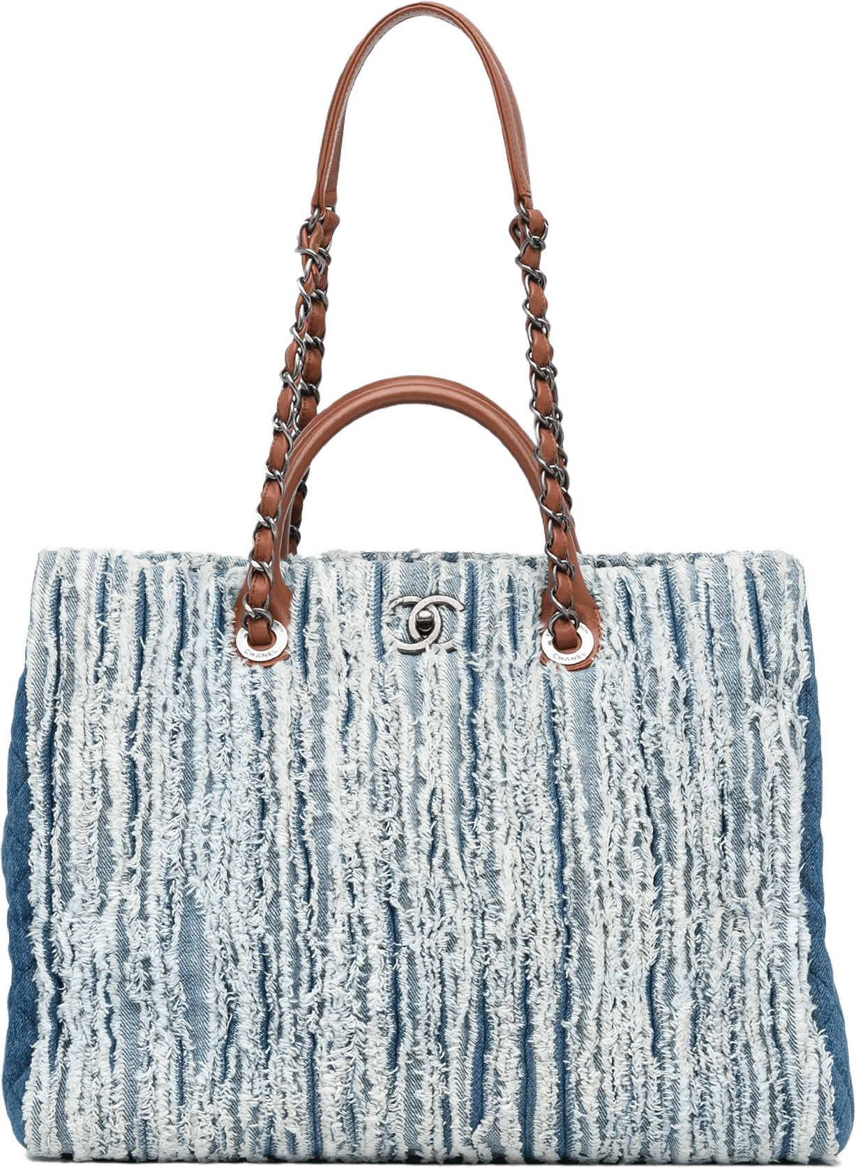 Chanel Large Fringed Denim Shopping Tote, från Luxclusif, i färgen blue.