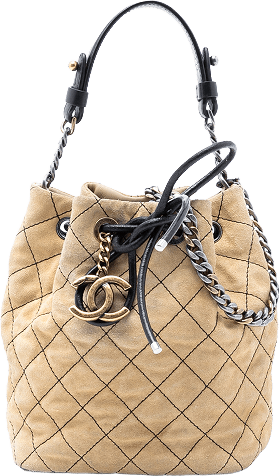 Chanel Cc Suede Wild Stitch Bucket Bag, från Luxclusif, i färgen beige.