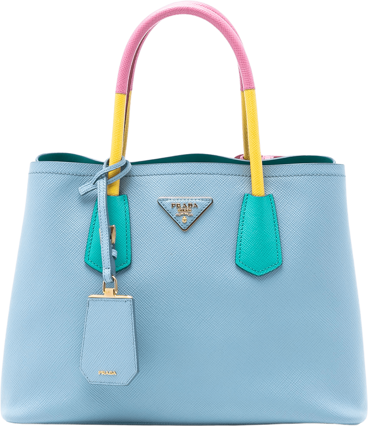 Prada Small Bicolor Saffiano Cuir Double Satchel, från Luxclusif, i färgen light blue.