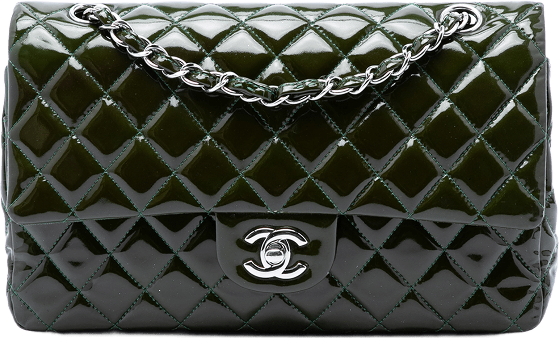 Chanel Medium Classic Patent Double Flap, från Luxclusif, i färgen grön.