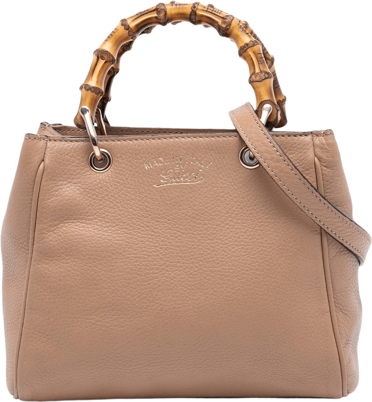Gucci Mini Calfskin Bamboo Shopper Satchel, från Luxclusif, i färgen beige.