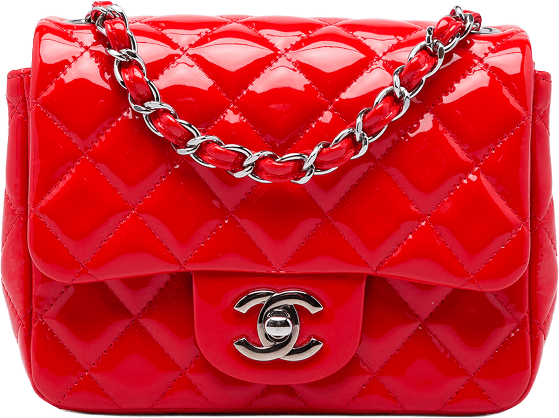 Chanel Mini Square Classic Patent Single Flap, från Luxclusif, i färgen röd.