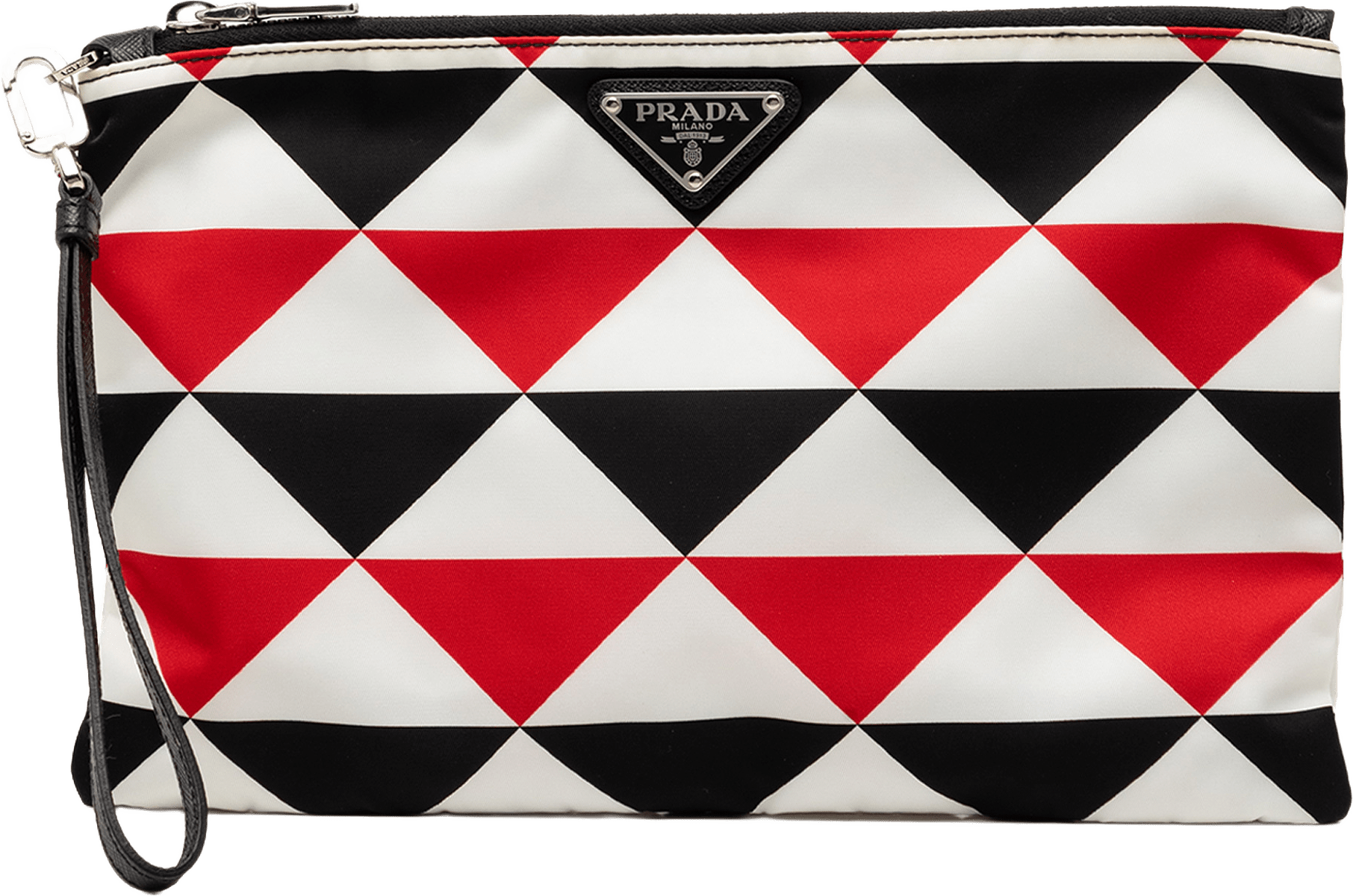 Prada Nylon Geometric Triangle Pattern Flat Clutch, från Luxclusif, i färgen vit.