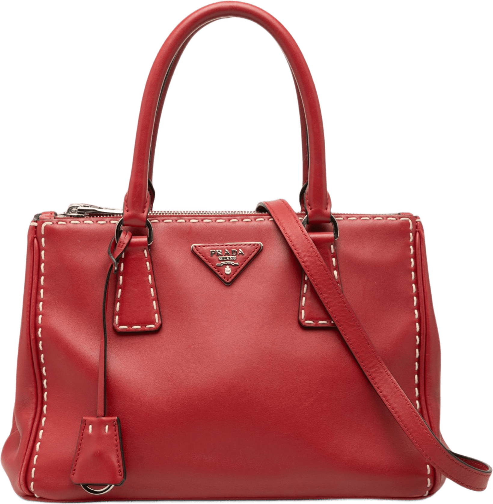 Prada Small City Calf Hand Stitched Galleria Double Zip Satchel, från Luxclusif, i färgen röd.