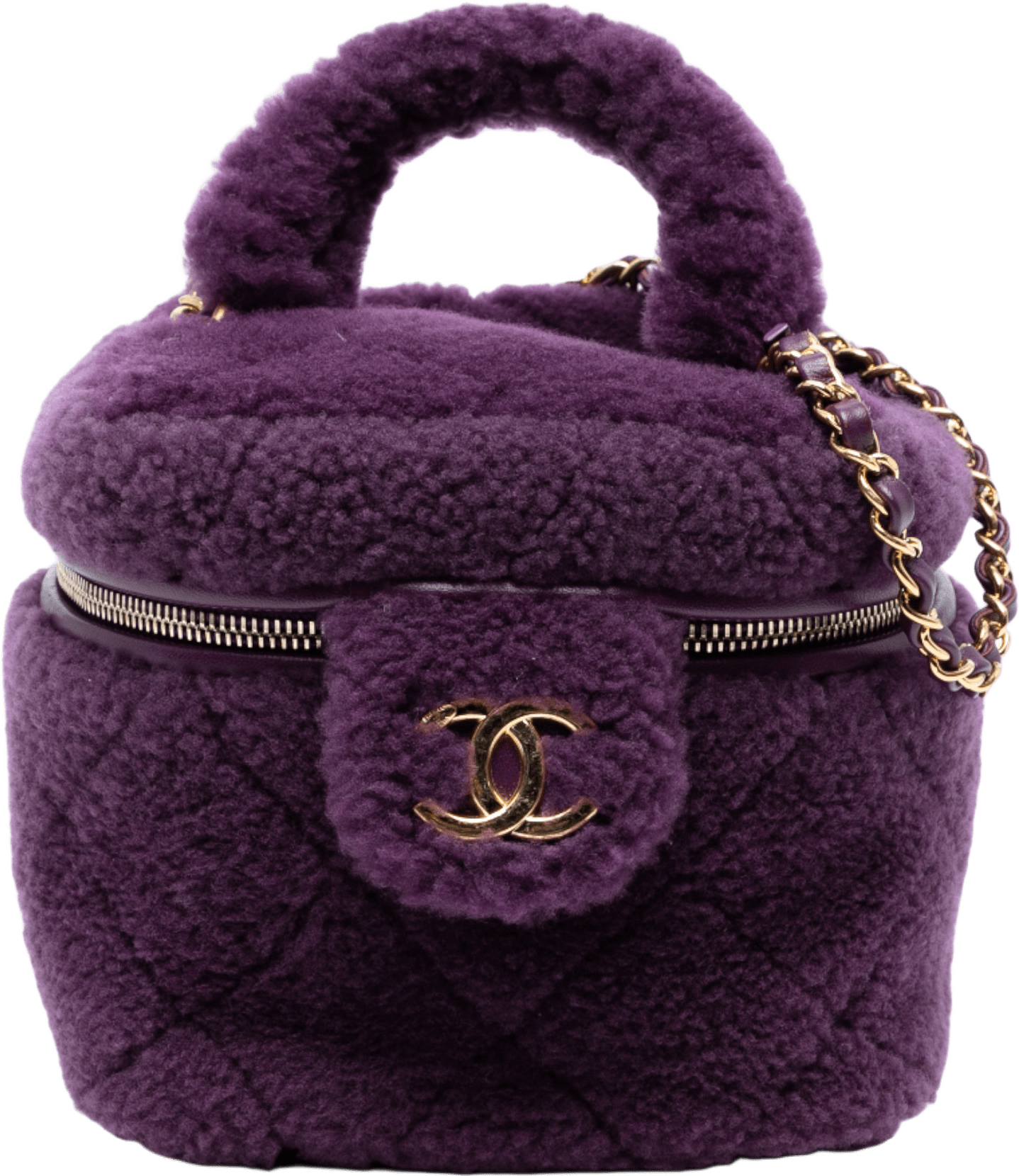 Chanel Small Quilted Shearling Vanity Case, från Luxclusif, i färgen violet.
