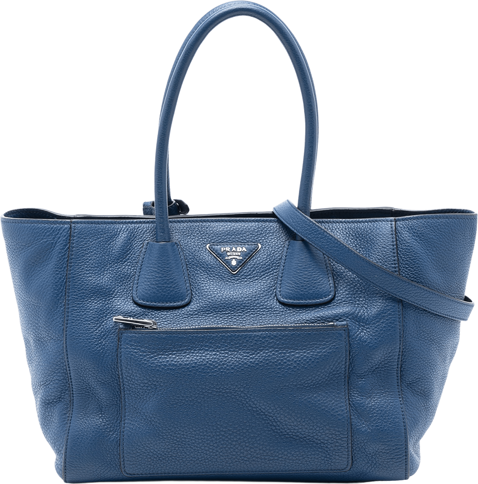 Prada Vitello Daino Front Pocket Open Convertible Tote, från Luxclusif, i färgen blue.