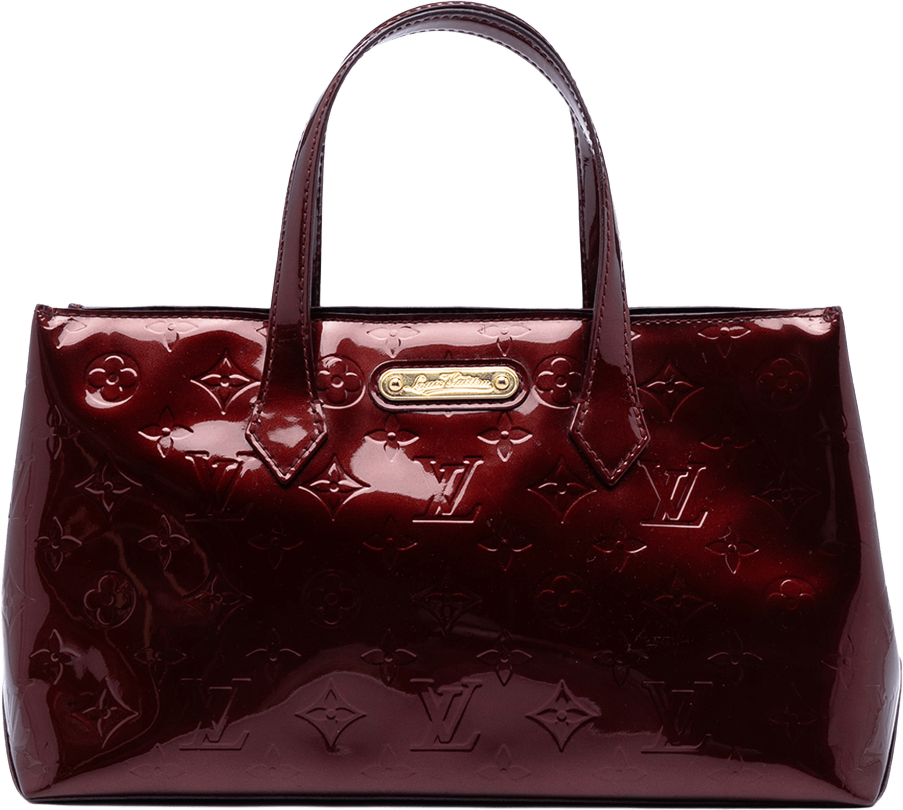 Louis Vuitton Monogram Vernis Wilshire Pm, från Luxclusif, i färgen burgundy.
