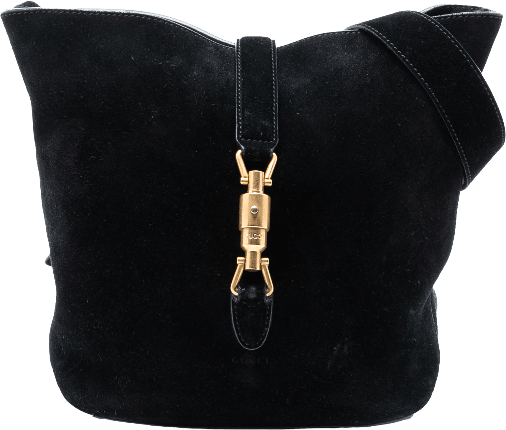 Gucci Suede Soft Jackie Bucket Bag, från Luxclusif, i färgen black.