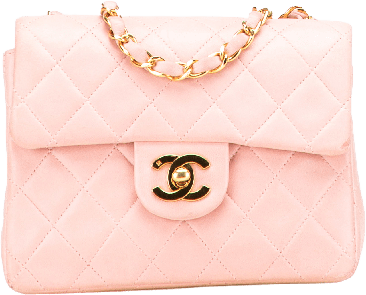 Chanel Mini Square Classic Lambskin Single Flap, från Luxclusif, i färgen pink.