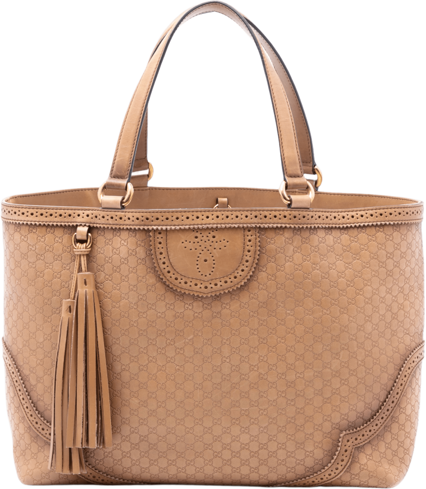 Gucci Microguccissima Brogue Duilio Tote, från Luxclusif, i färgen camel.