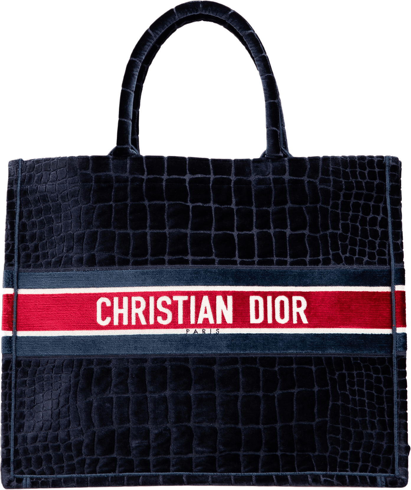 Dior Large Velvet Embossed Book Tote, från Luxclusif, i färgen navy.