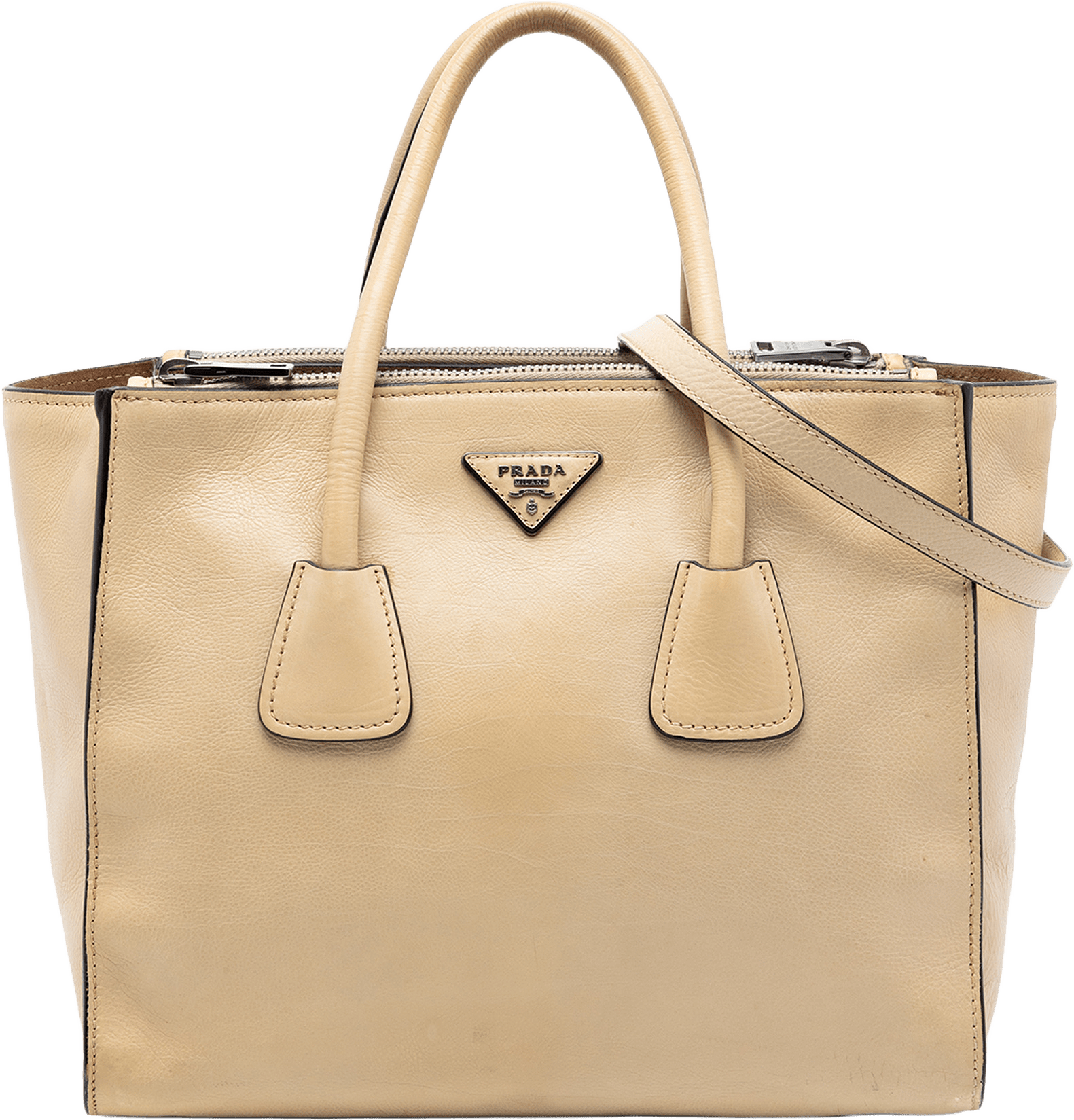 Prada Glace Calf Twin Pocket Double Handle Satchel, från Luxclusif, i färgen beige.