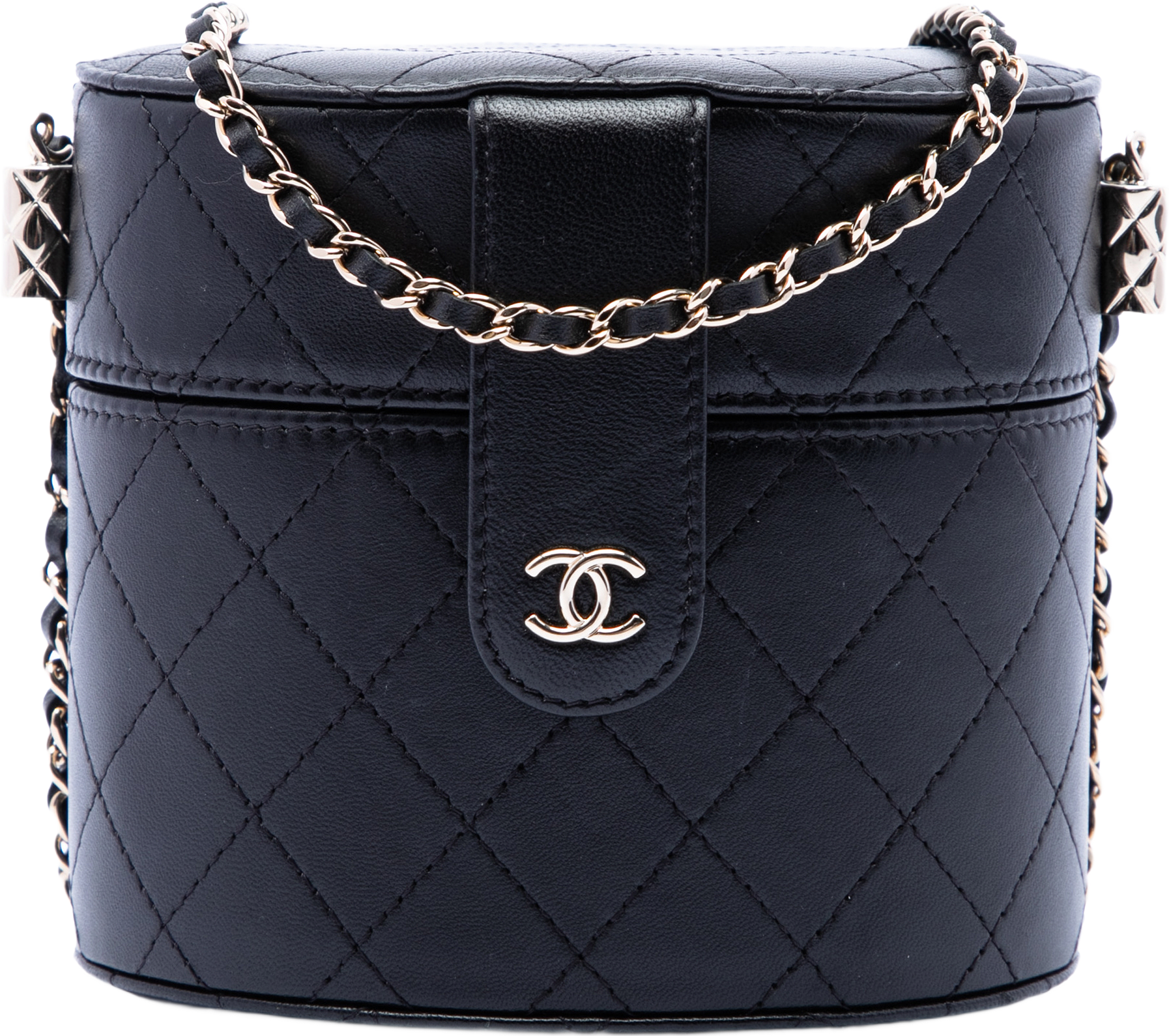 Chanel Cc Quilted Lambskin Round Vanity Clutch With Chain, från Luxclusif, i färgen black.