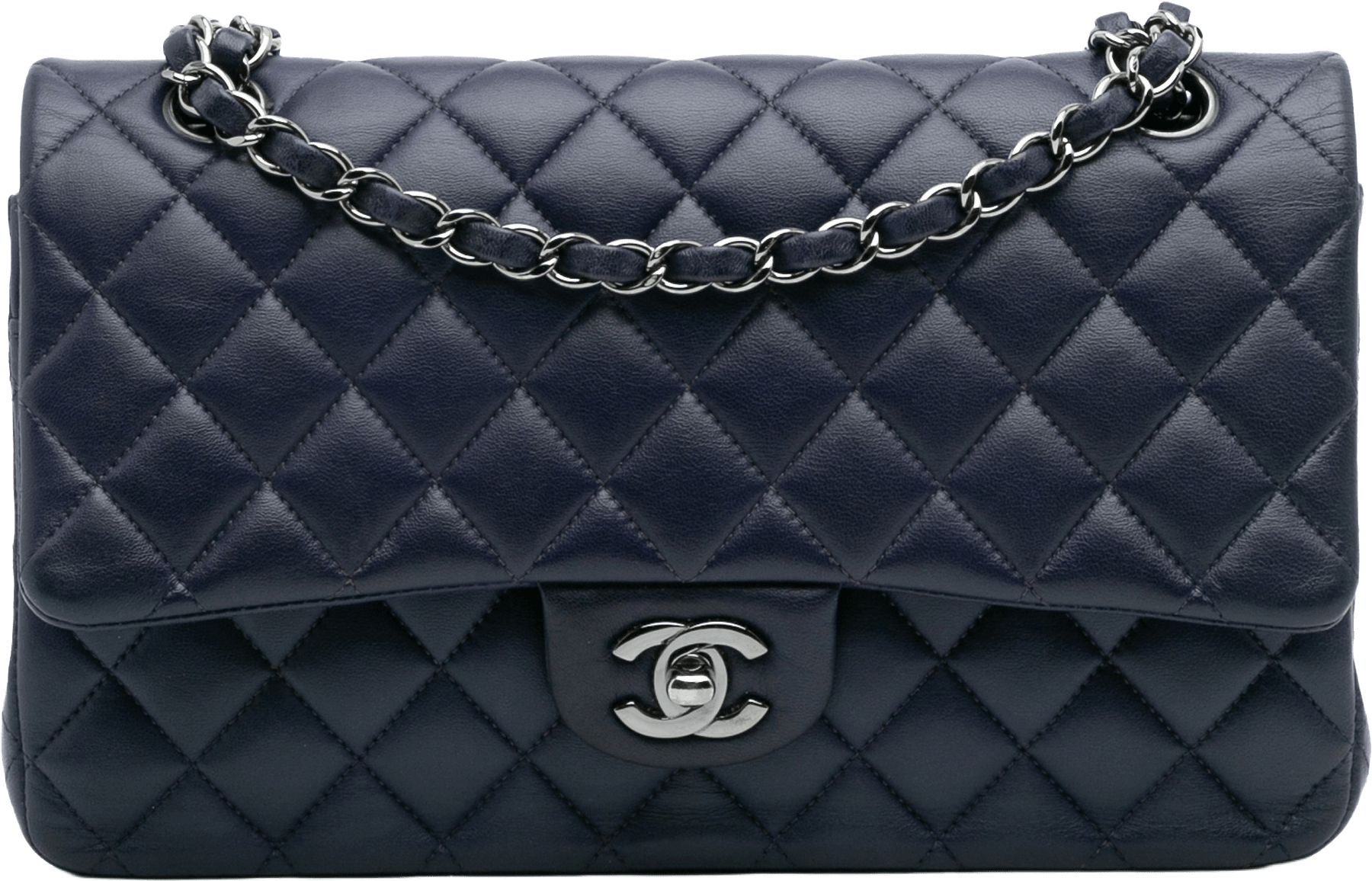 Chanel Medium Classic Lambskin Double Flap, från Luxclusif, i färgen midnight blue.