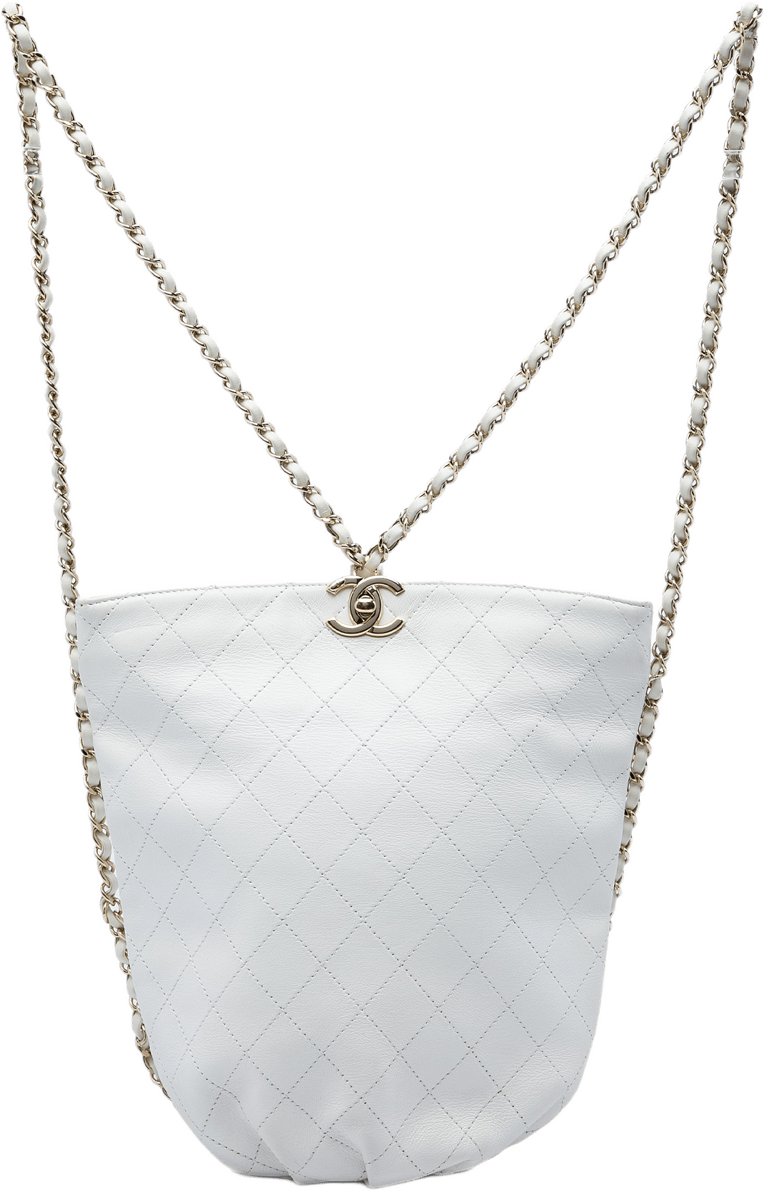 Chanel Cc Quilted Calfskin Bucket Backpack, från Luxclusif, i färgen vit.