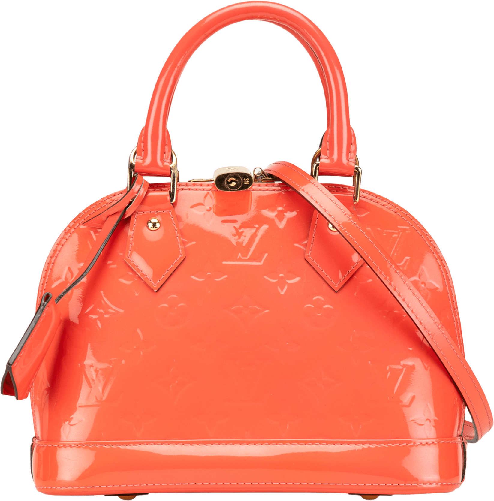 Louis Vuitton Monogram Vernis Alma Bb, från Luxclusif, i färgen orange.