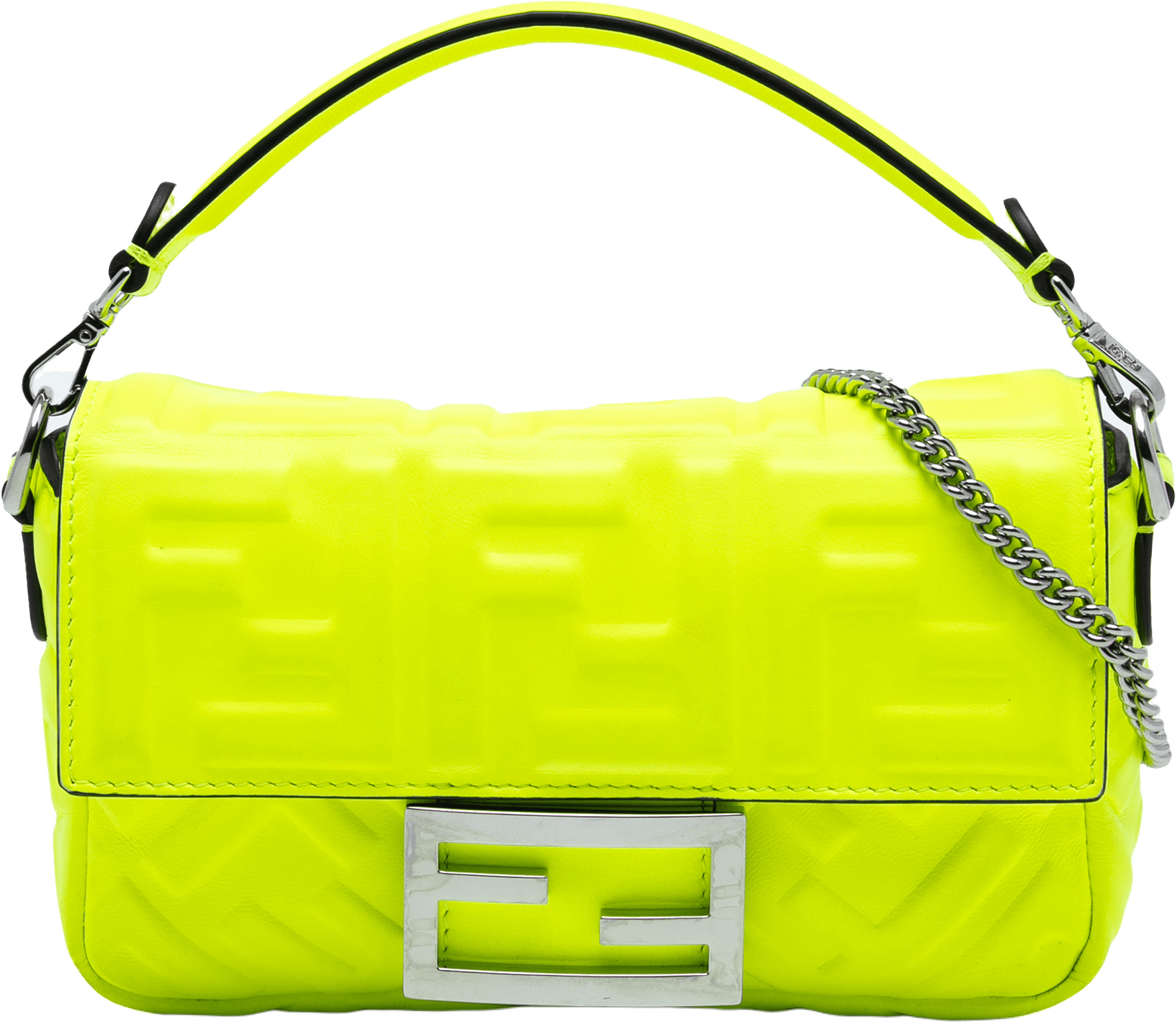 Fendi Mini Zucca Embossed Leather Baguette Satchel, från Luxclusif, i färgen neon yellow.