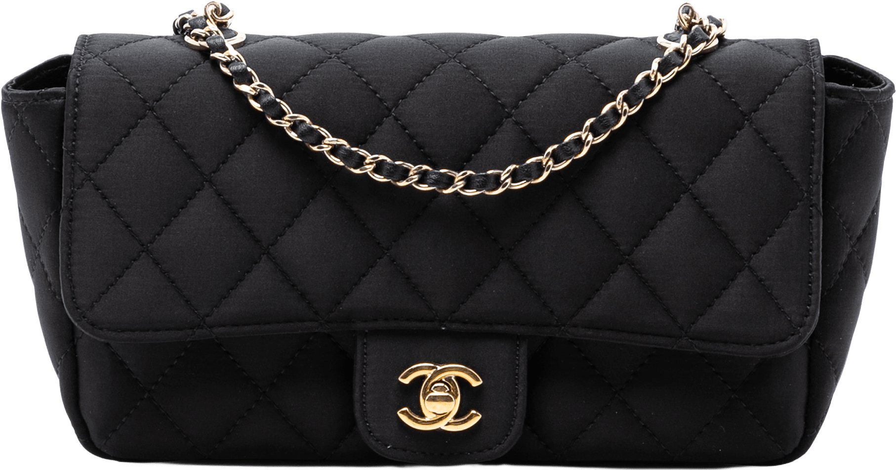 Chanel Mini Rectangular Quilted Satin Single Flap, från Luxclusif, i färgen black.